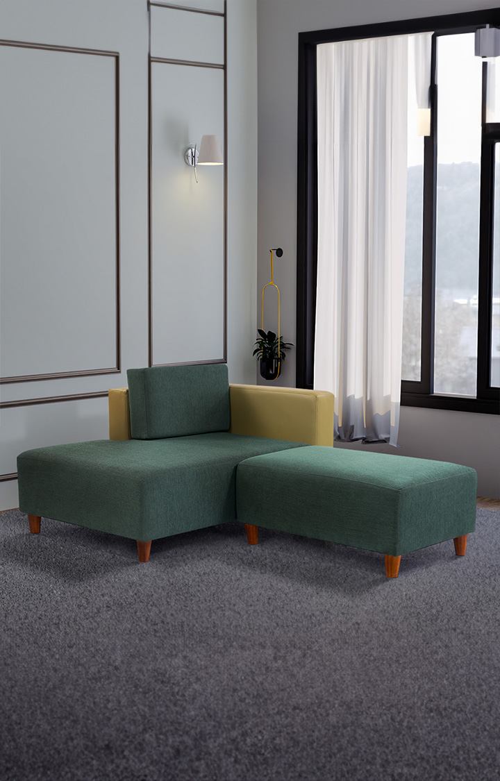 neudot Hailey Fabric Chaise Lounger RHS in Castle Green Colour | Wooden Leg| Dual Color | Sectional Sofa