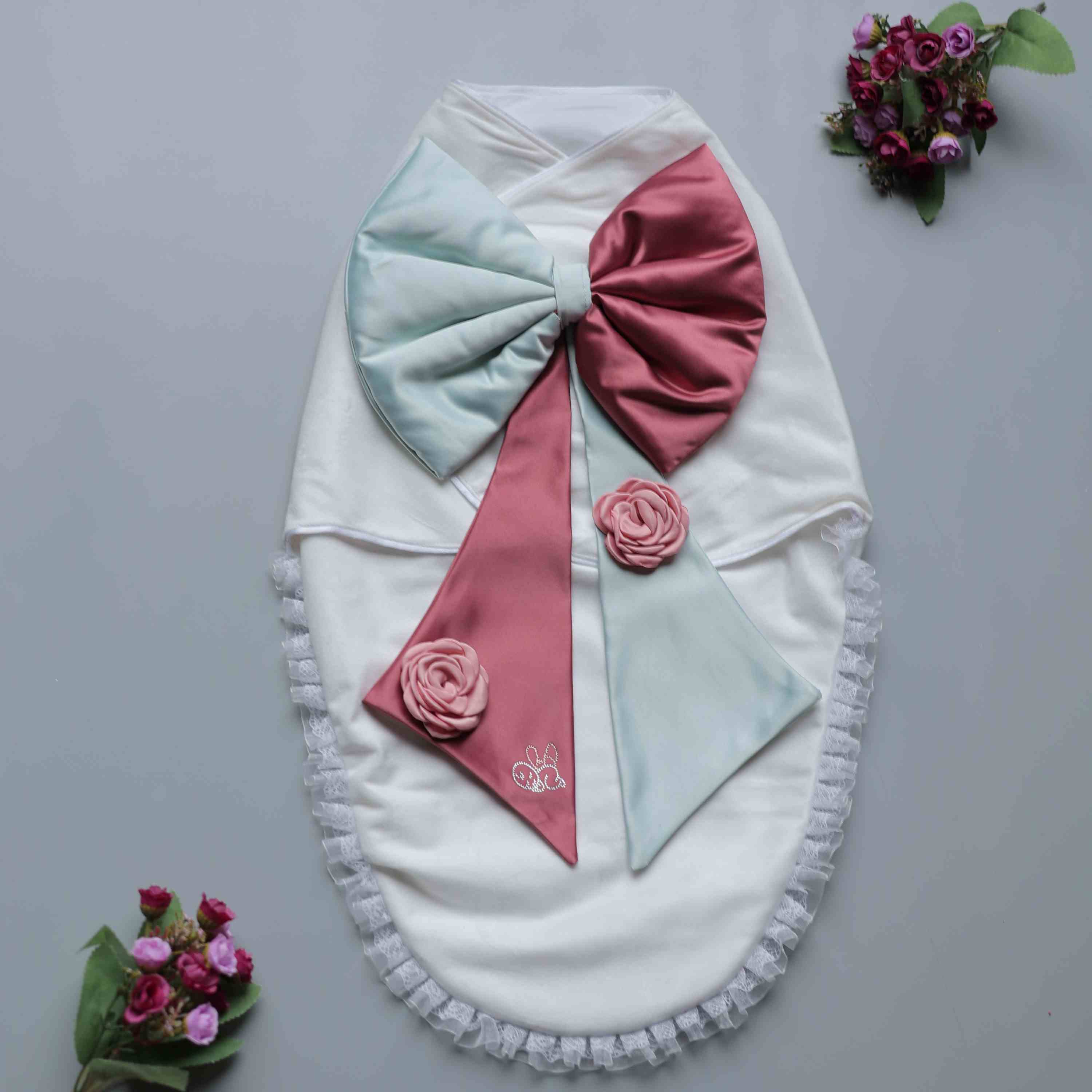 Mint Rose Bow Luxe Swaddle Set