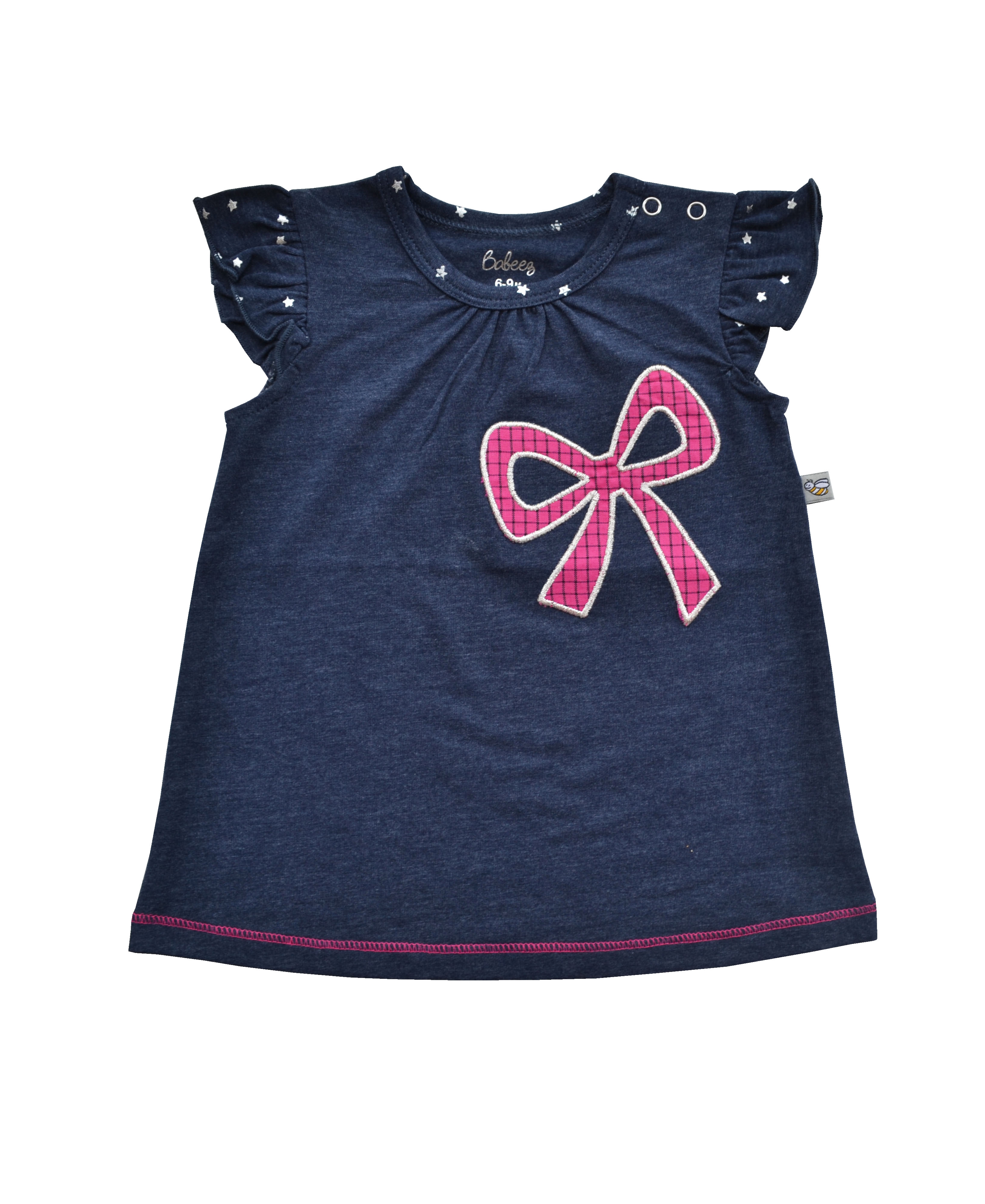 Denim Blue Top with Pink Bow Applique (95% Cotton 5% Elasthan Jersey)
