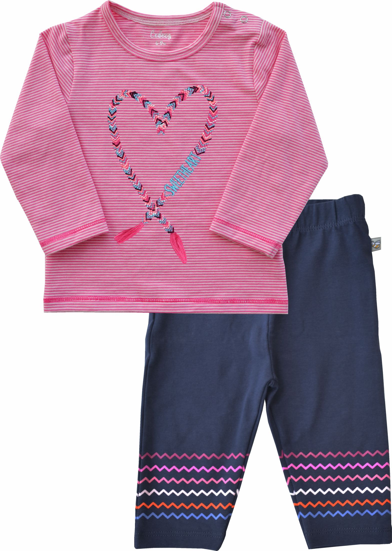 Heart Embroidery on Pink Stripes Long sleeve Top + Navy Printed Legging (95% Cotton 5% Elasthan Jersey)