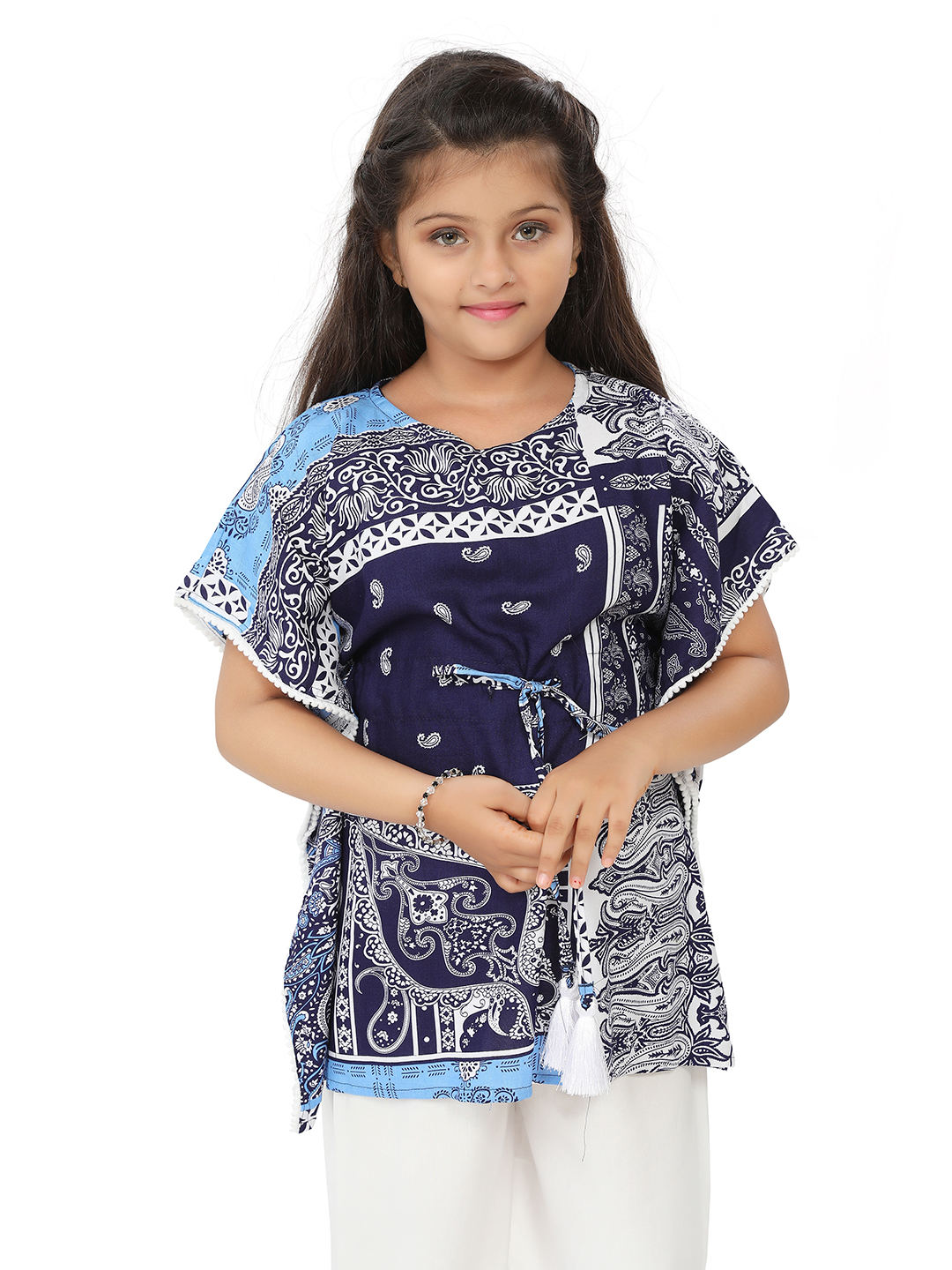 Ninos Dreams Girls Cotton Rayon Kaftan with Palazzo Lounge Set-Blue & White