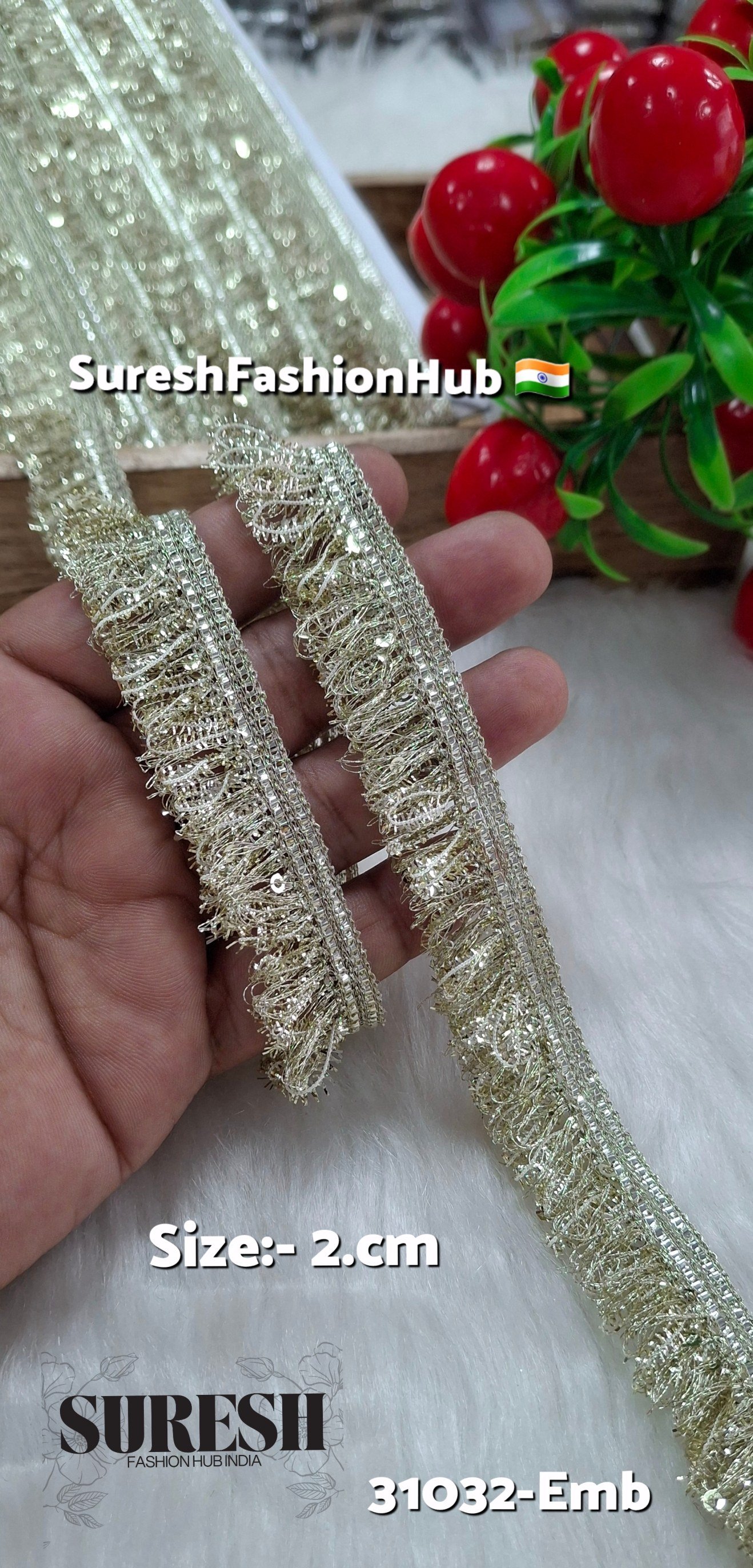 Light Gold Zari Feather Sequin Fringe Lace – Design 31032-C
