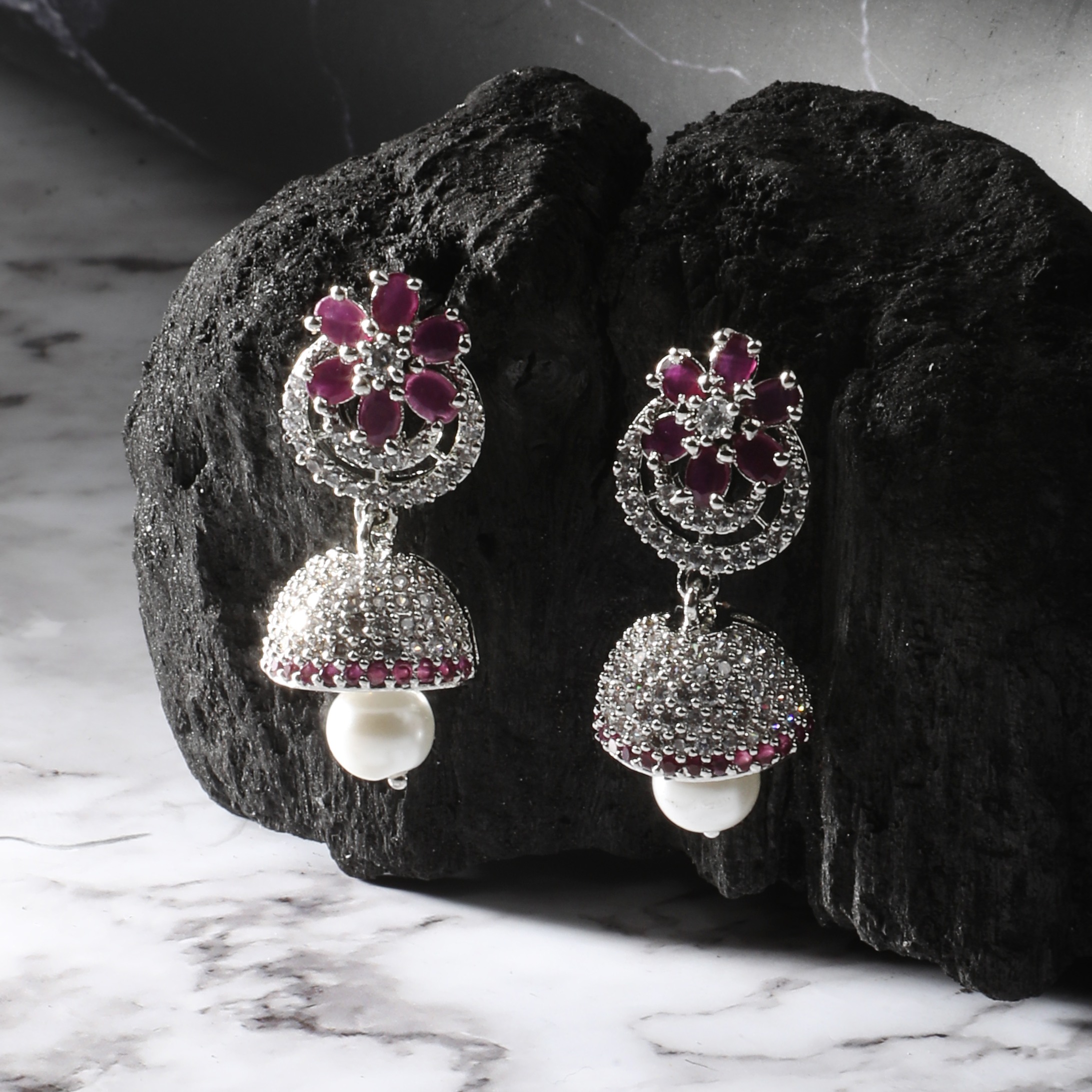 The Nila Silver Plated Floral Jhumkas