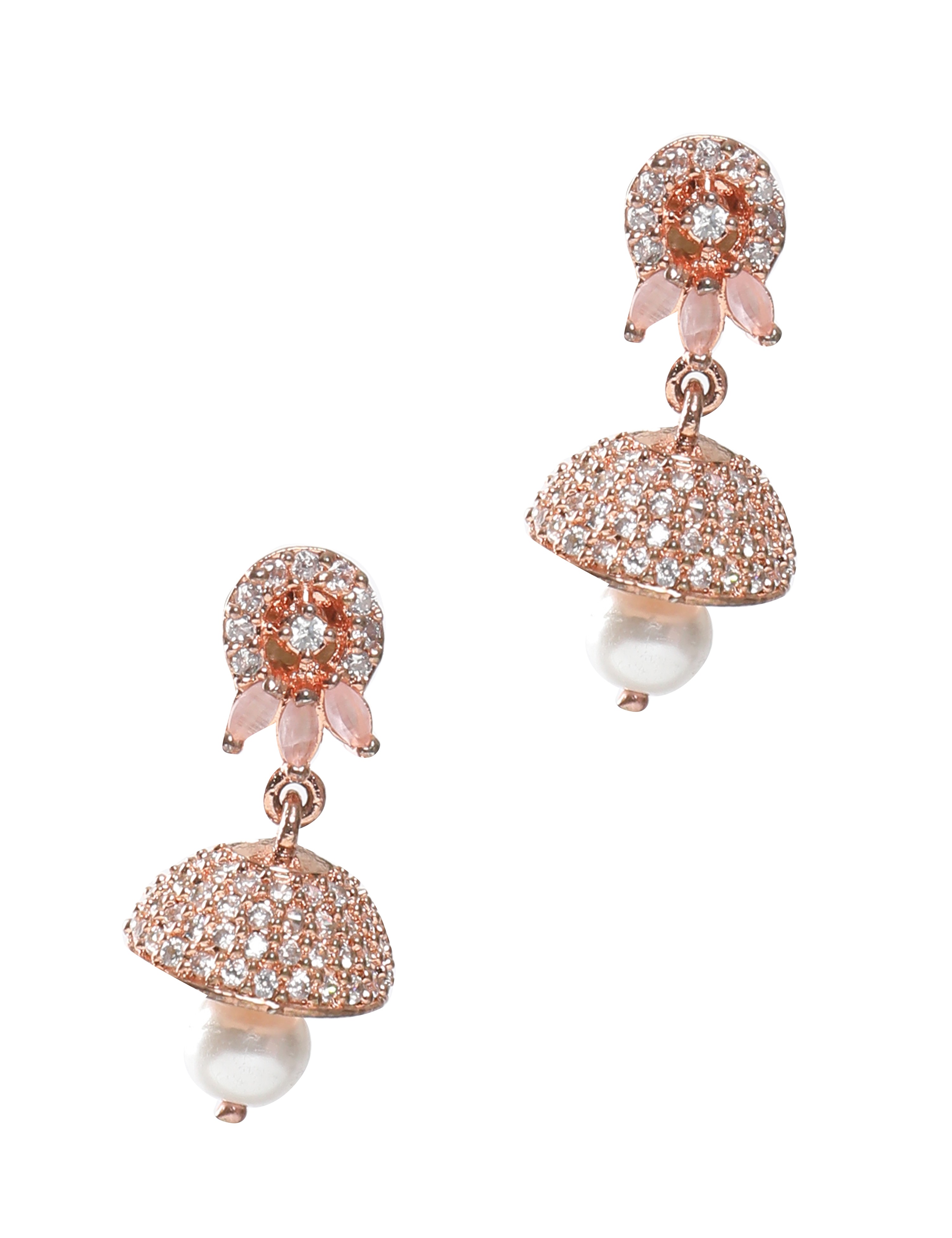 The Nila Rose Gold Pale Pink Stone Crystal Studded Jhumkas