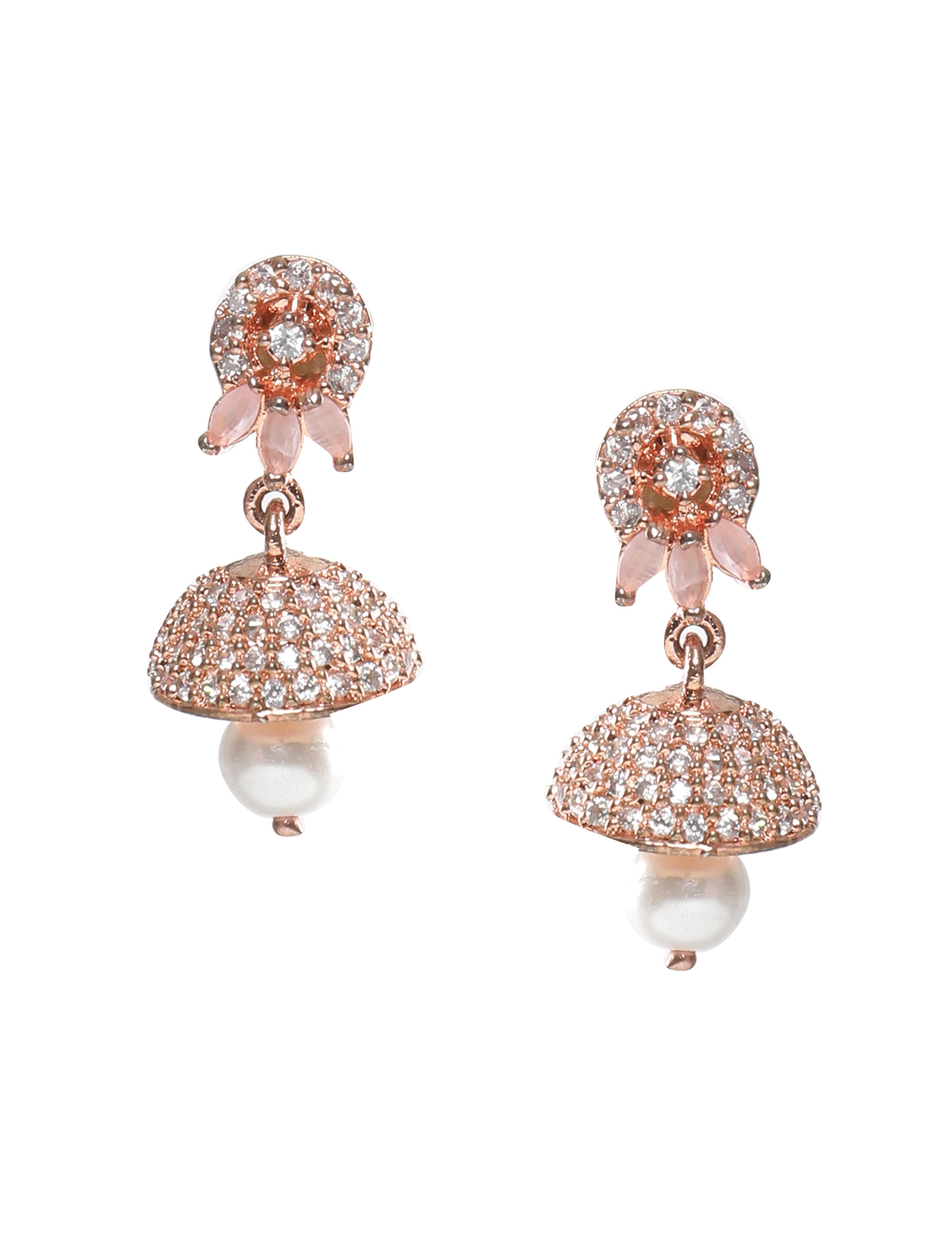 The Nila Rose Gold Pale Pink Stone Crystal Studded Jhumkas