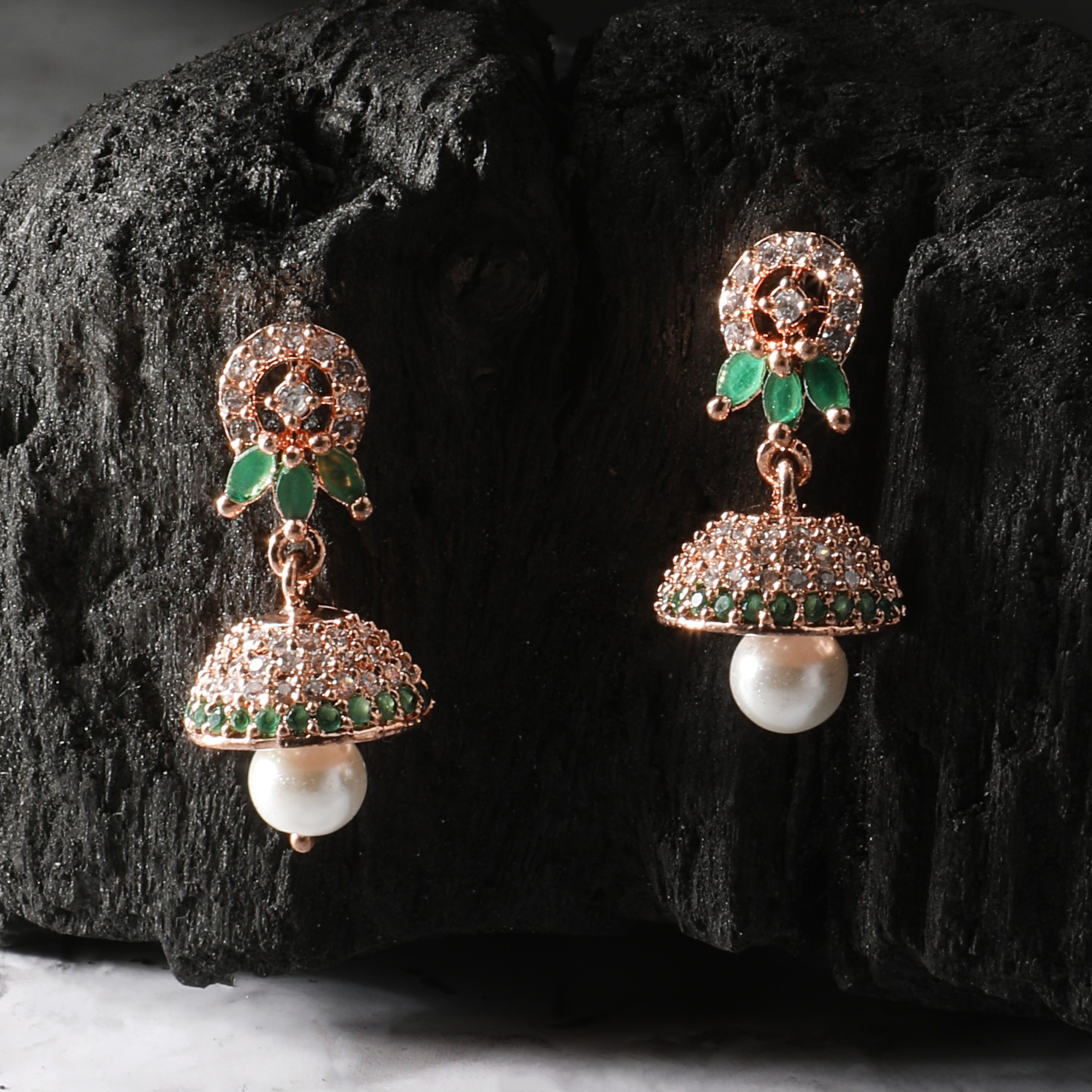 The Nila Rose Gold Green Stone Crystal Studded Jhumkas
