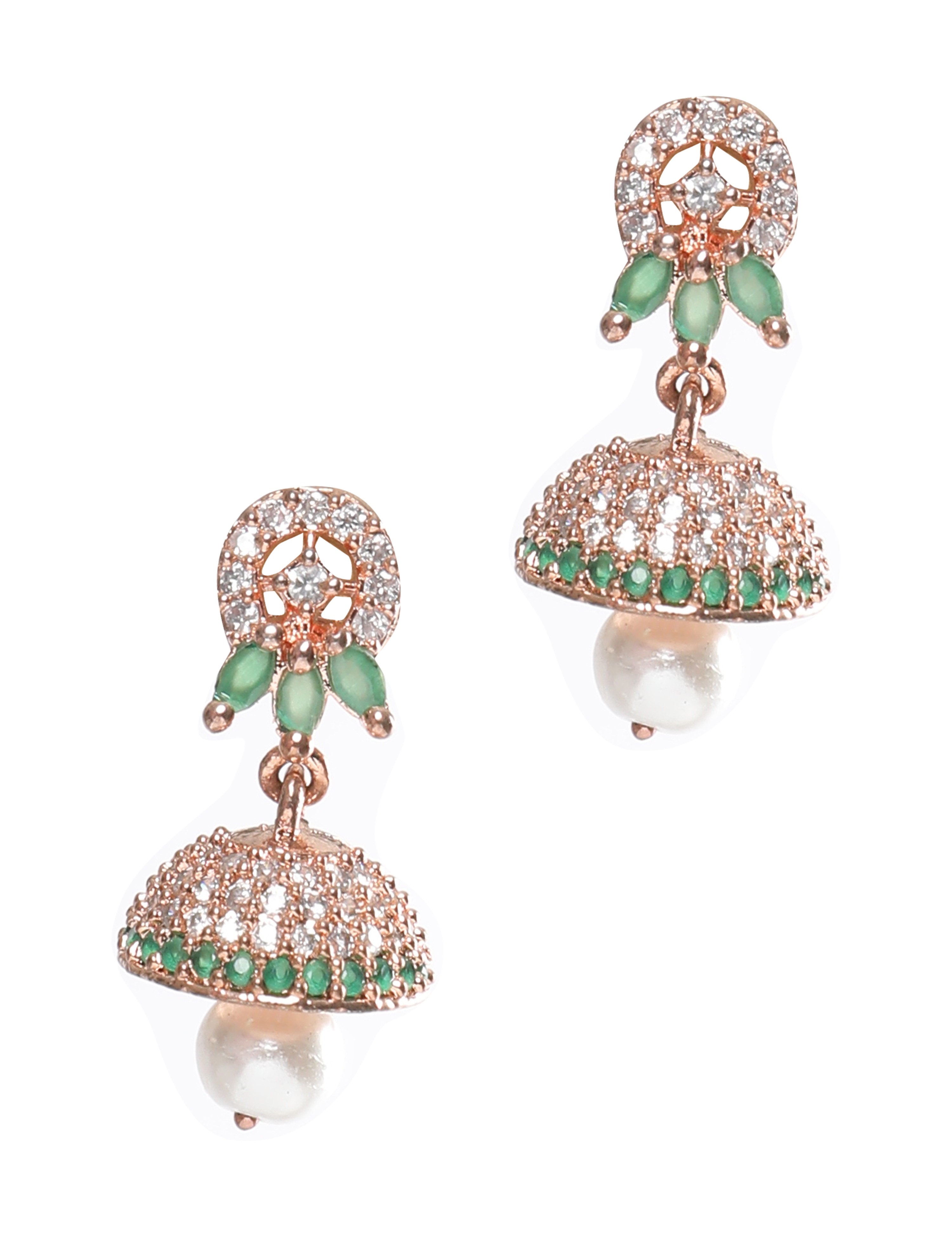 The Nila Rose Gold Green Stone Crystal Studded Jhumkas
