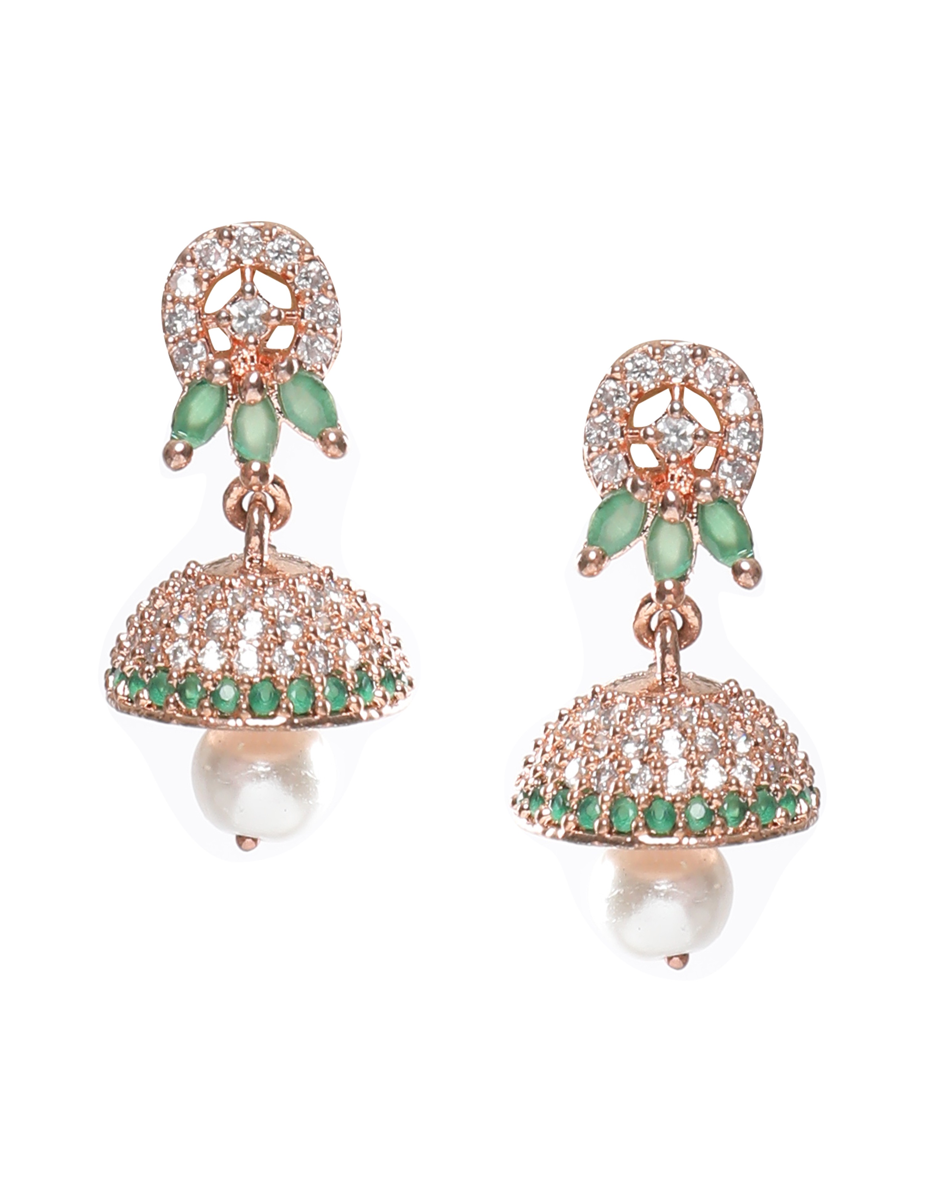 The Nila Rose Gold Green Stone Crystal Studded Jhumkas