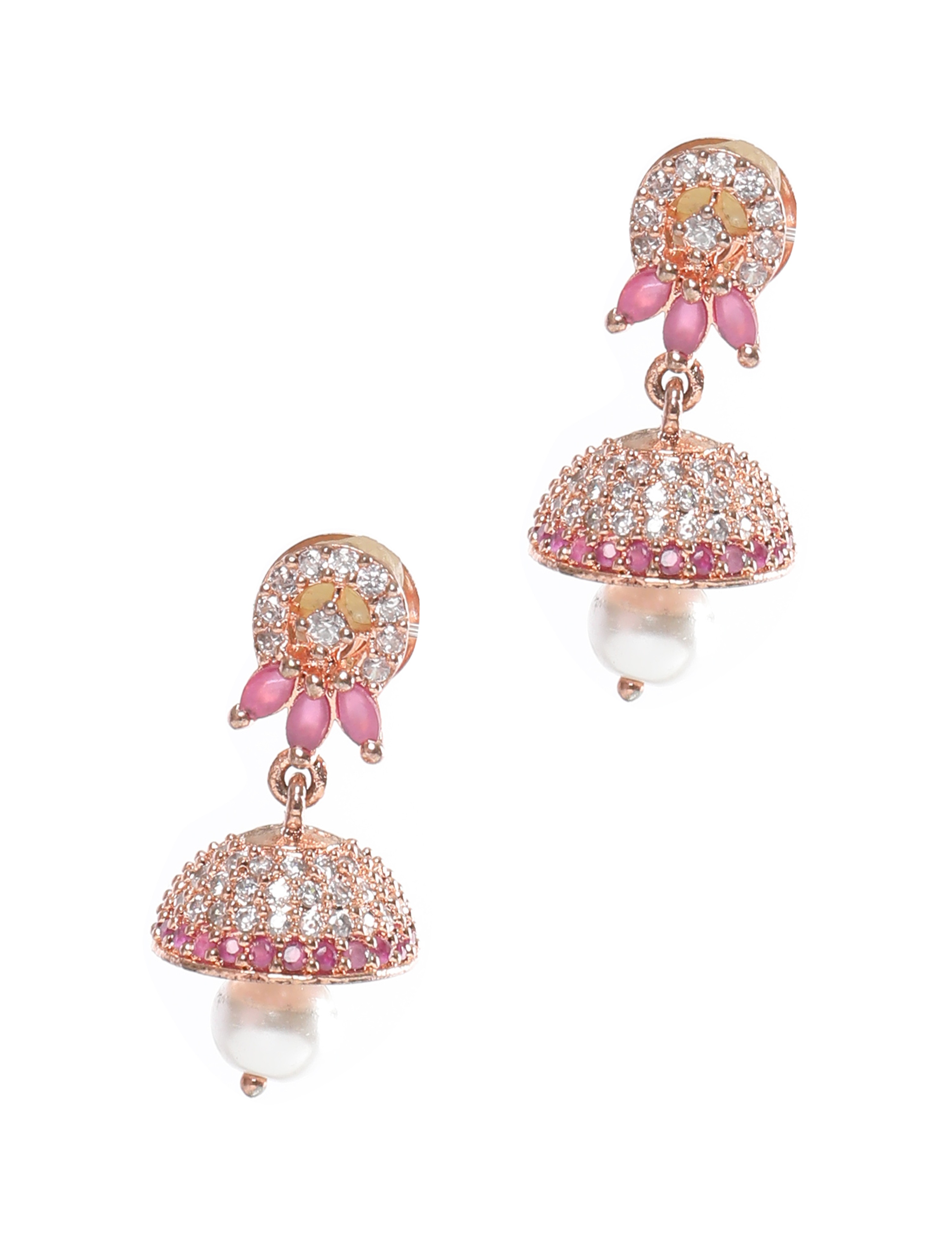 The Nila Rose Gold Pink Stone Crystal Studded Jhumkas