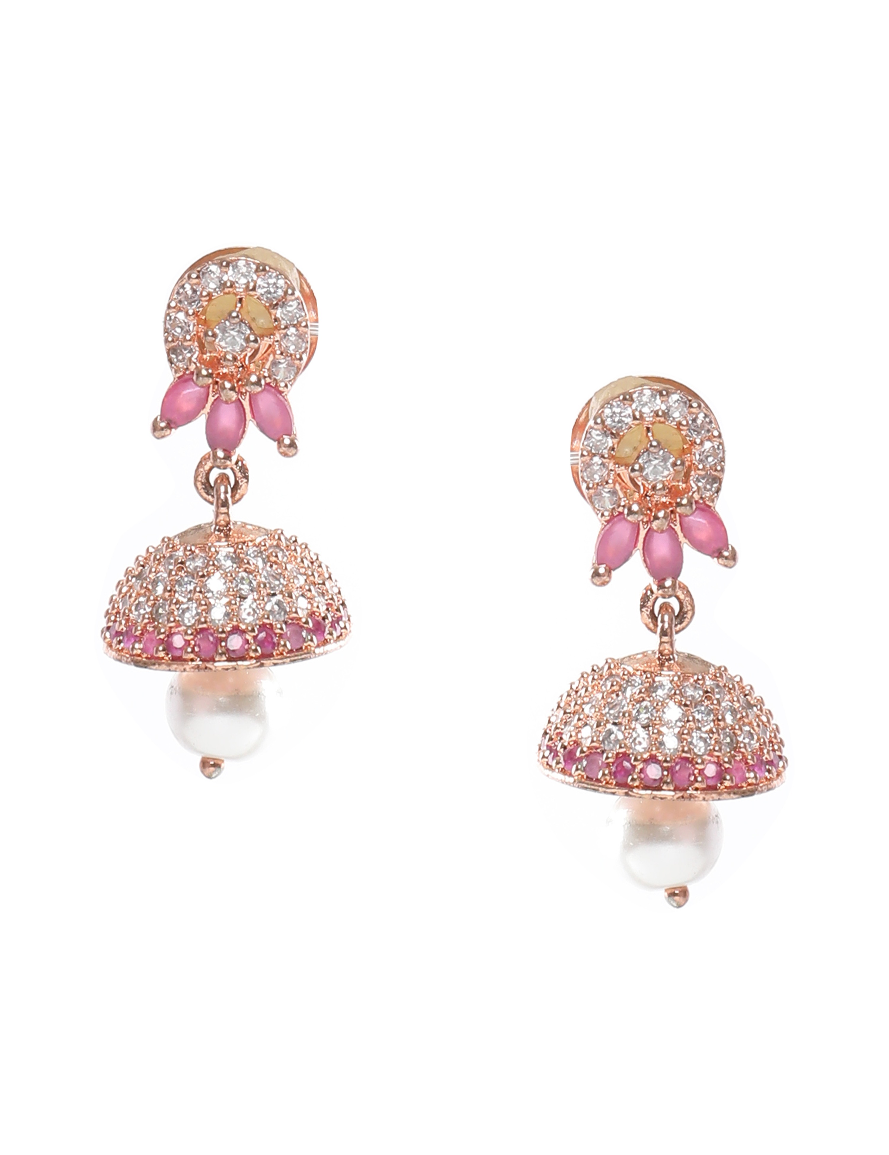 The Nila Rose Gold Pink Stone Crystal Studded Jhumkas