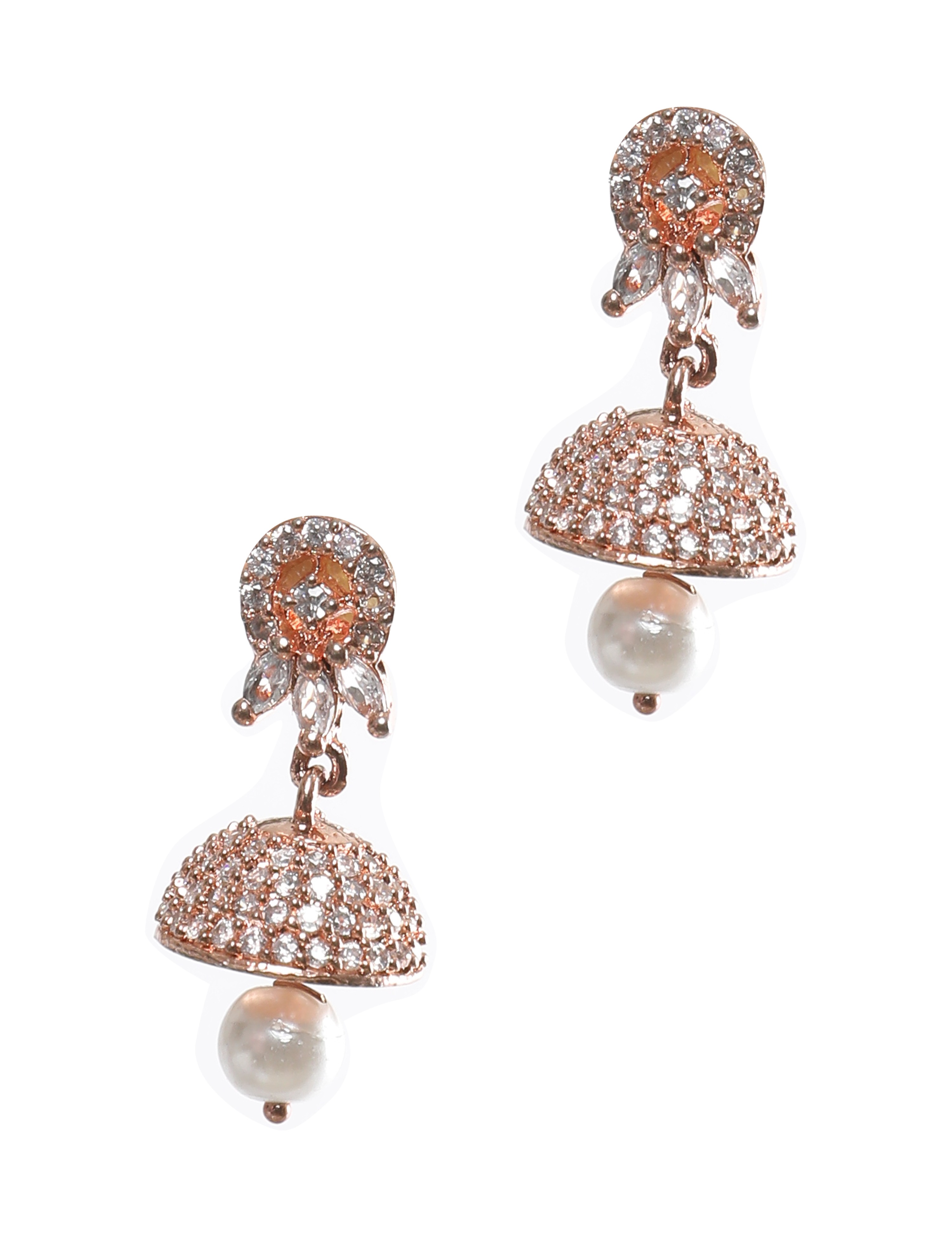 The Nila Rose Gold White Stone Crystal Studded Jhumkas