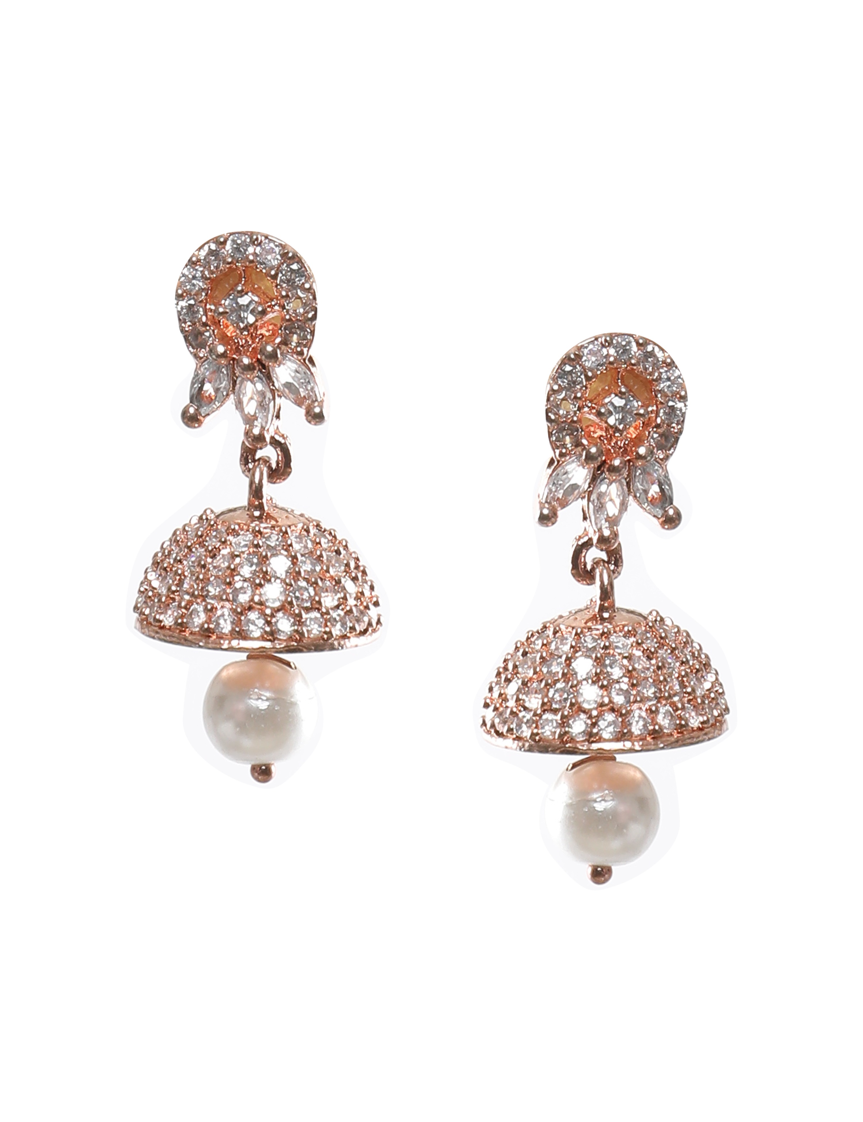 The Nila Rose Gold White Stone Crystal Studded Jhumkas