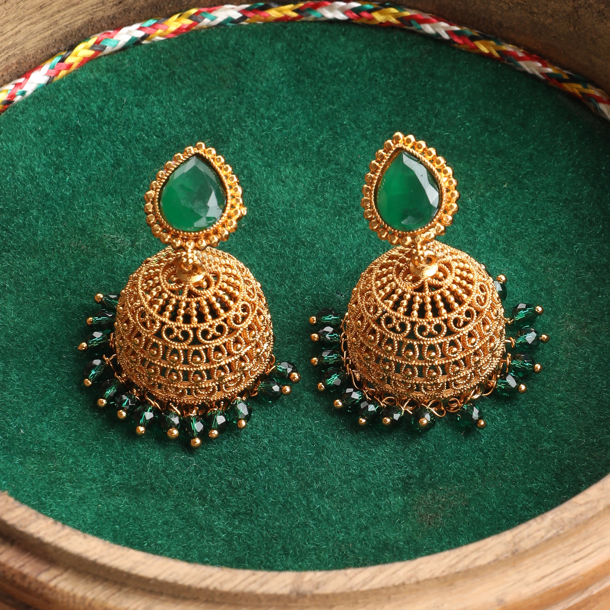 The Nila Gold Plated Emerald Drop Jhumkas