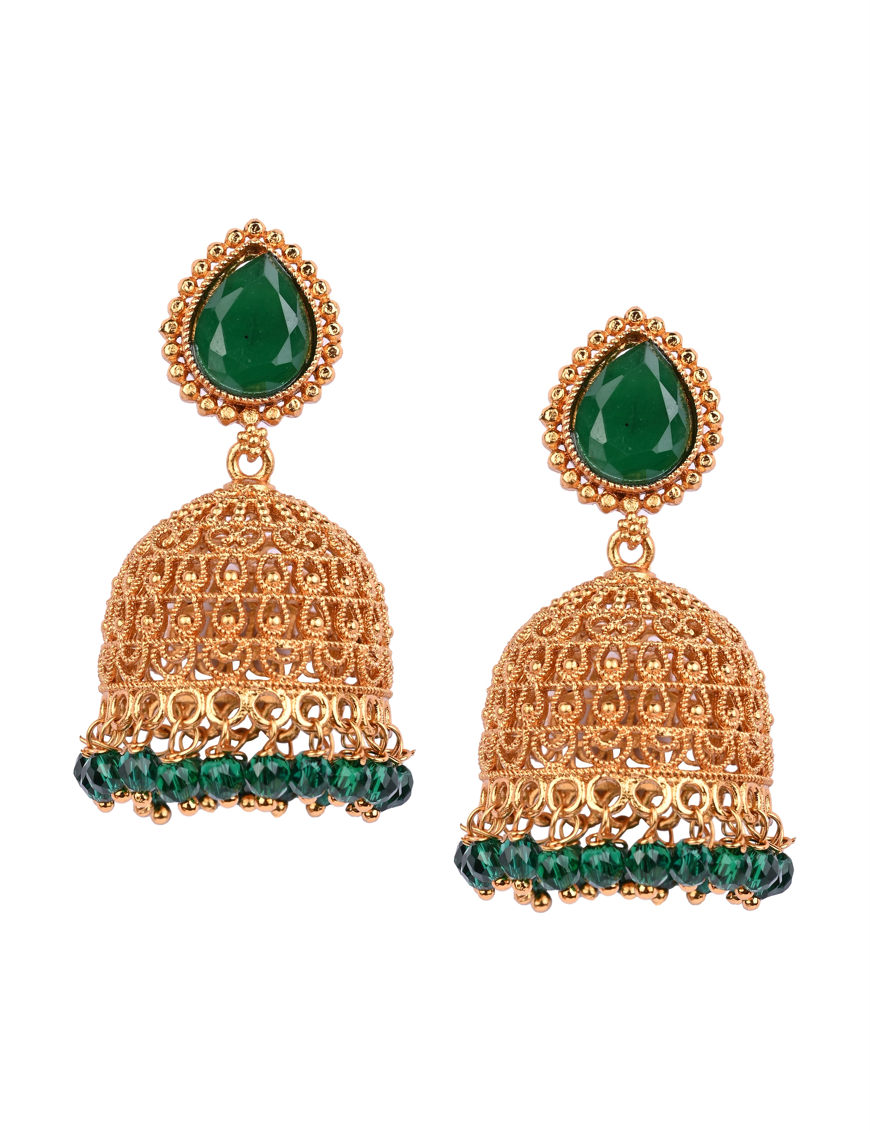 The Nila Gold Plated Emerald Drop Jhumkas