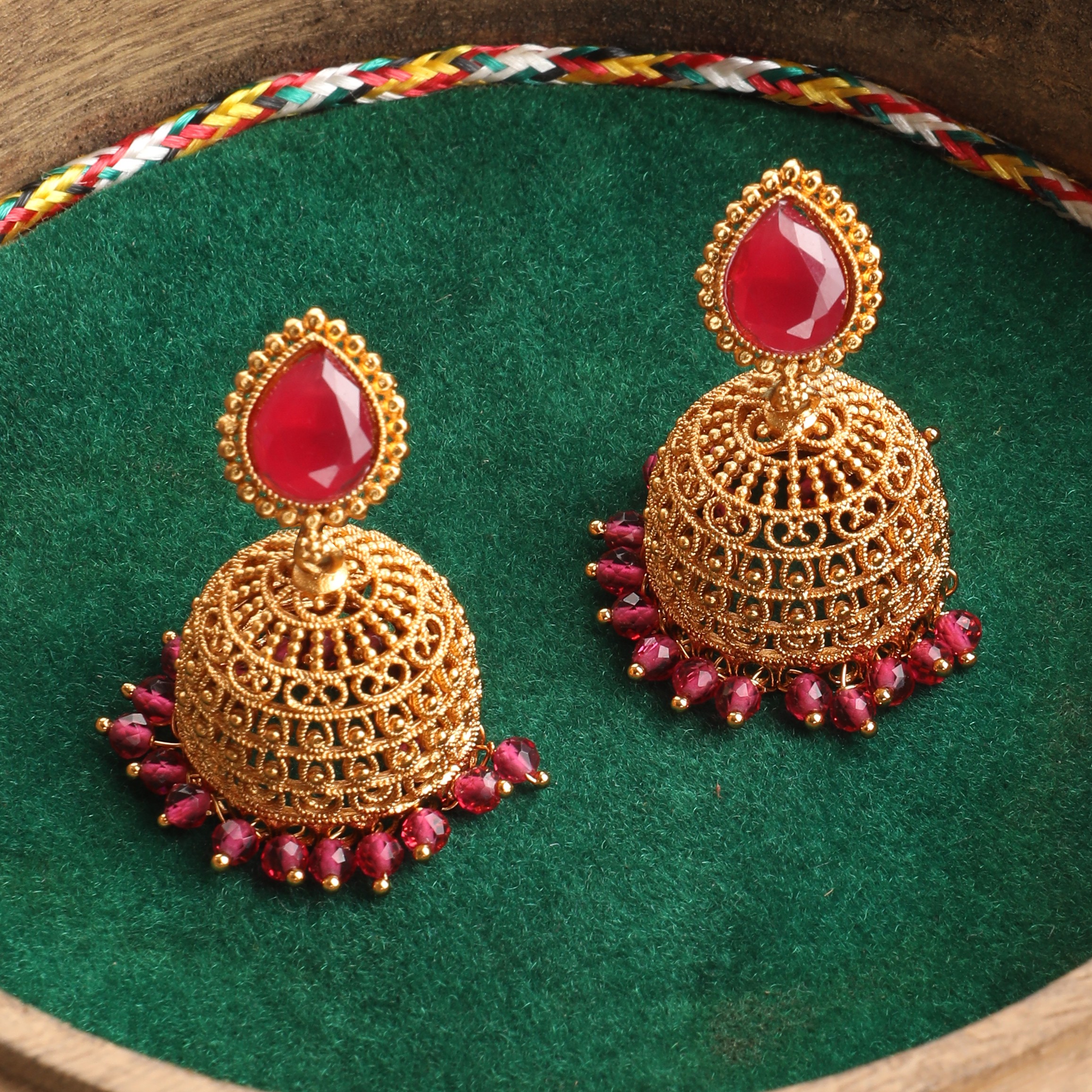The Nila Gold Plated Ruby Drop Jhumkas
