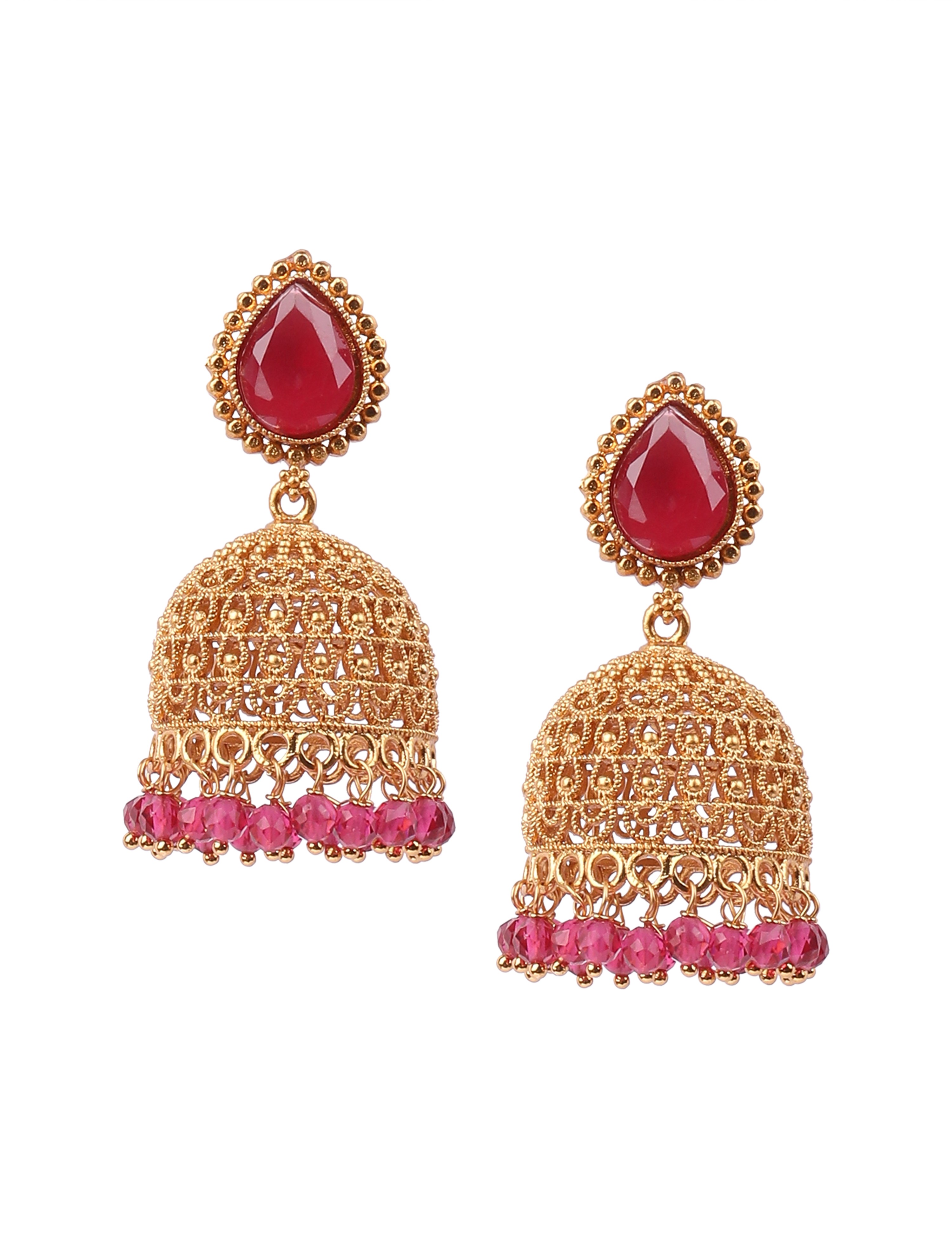 The Nila Gold Plated Ruby Drop Jhumkas