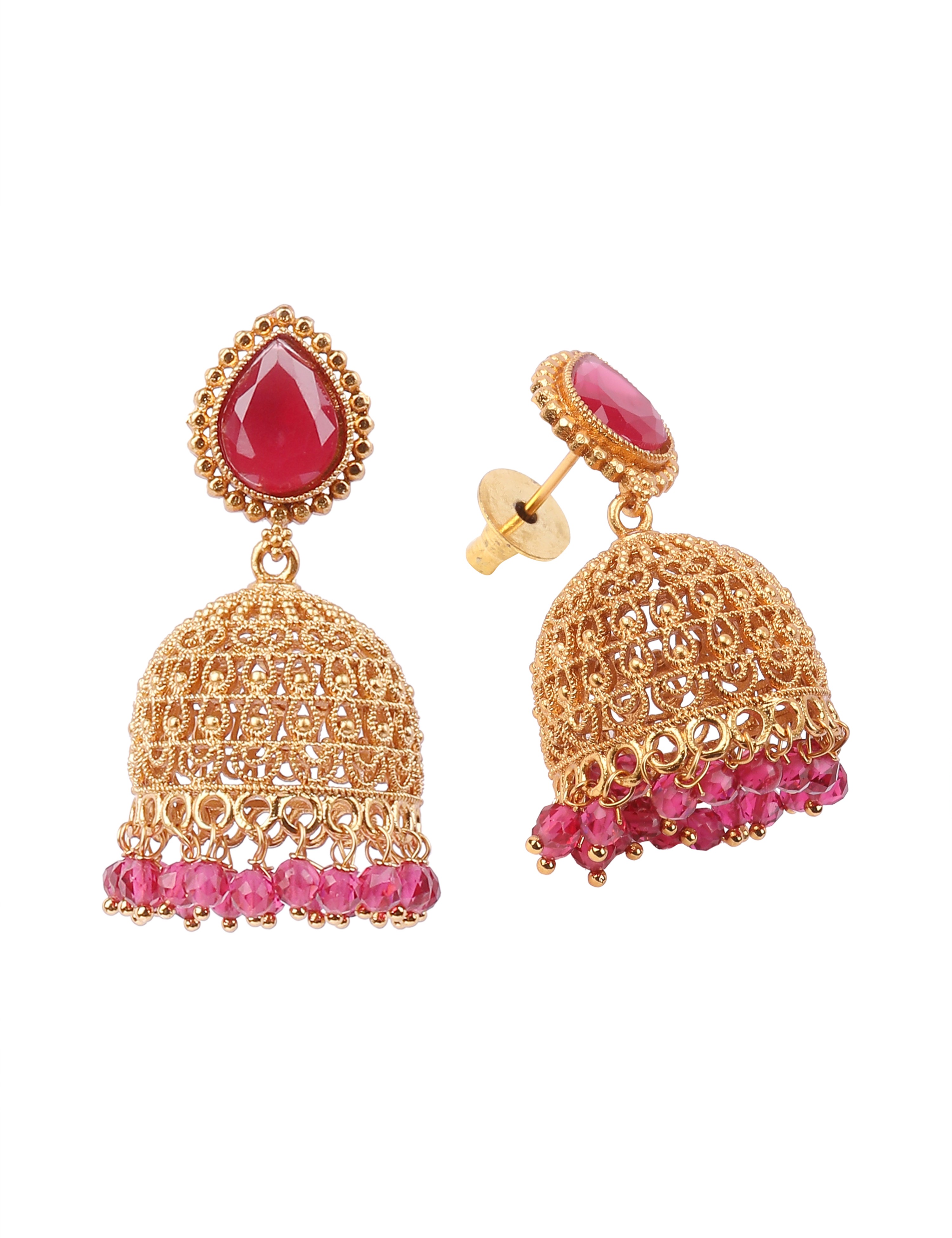 The Nila Gold Plated Ruby Drop Jhumkas