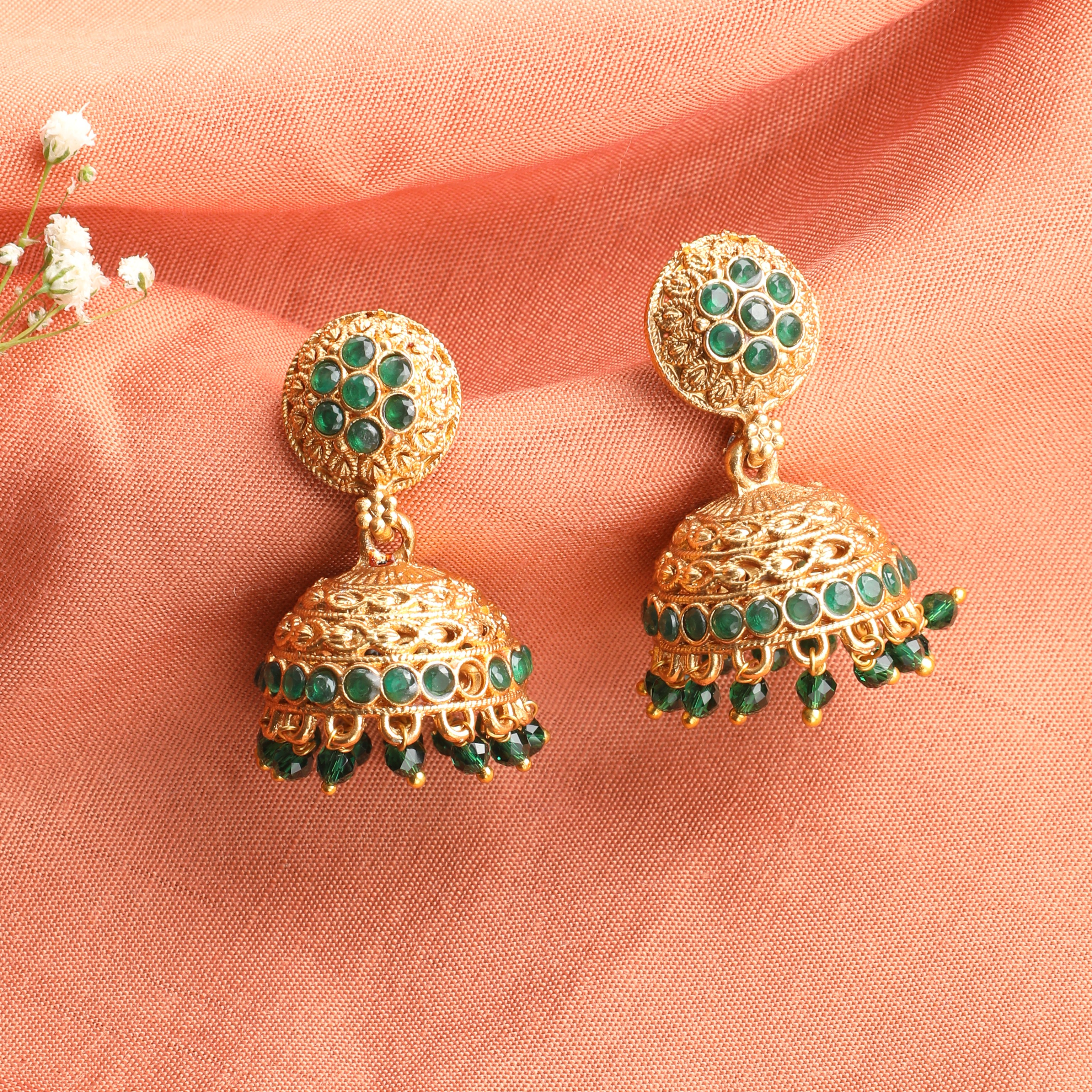 The Nila Gold Plated Dome Shaped Emerald Jhumkas