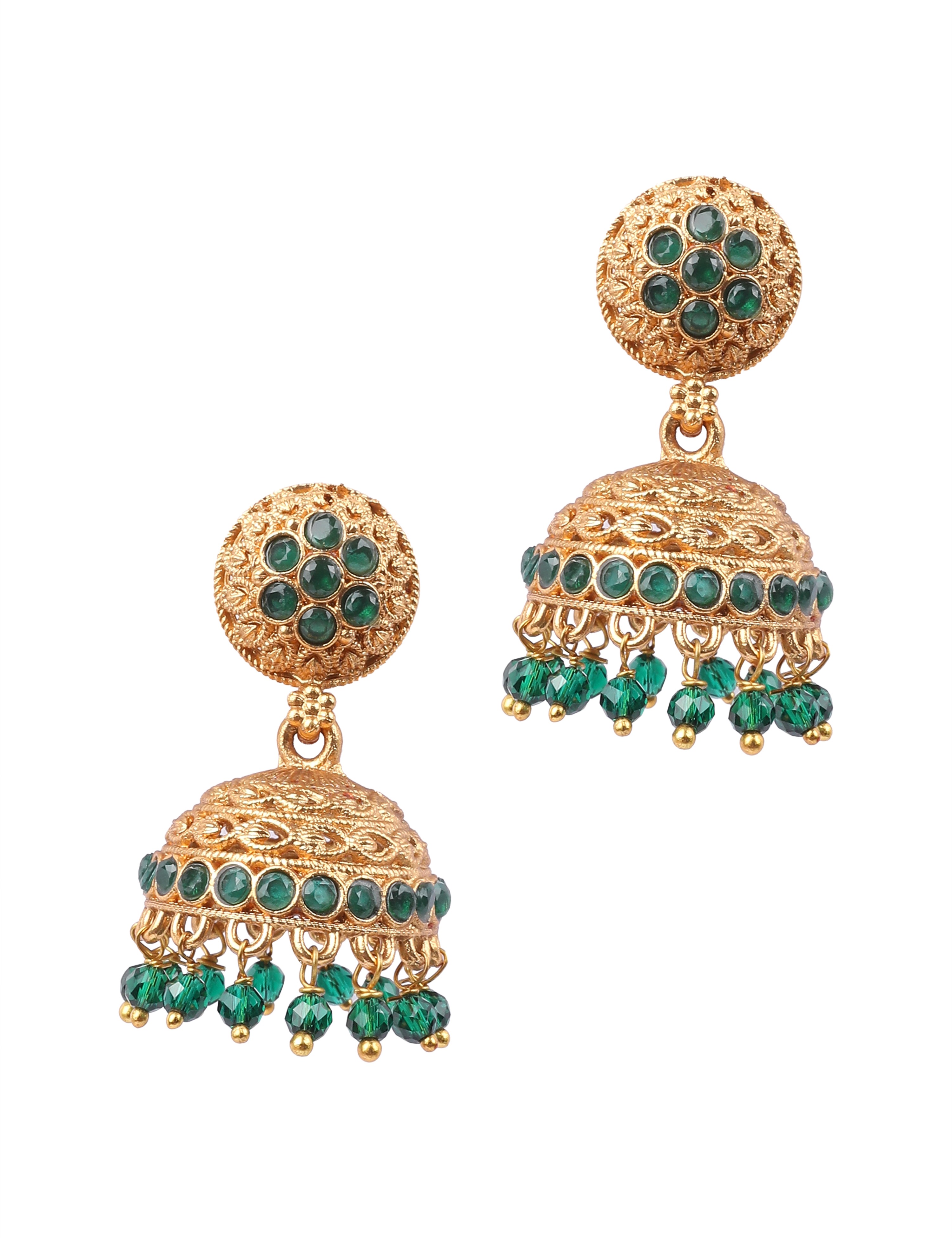 The Nila Gold Plated Dome Shaped Emerald Jhumkas