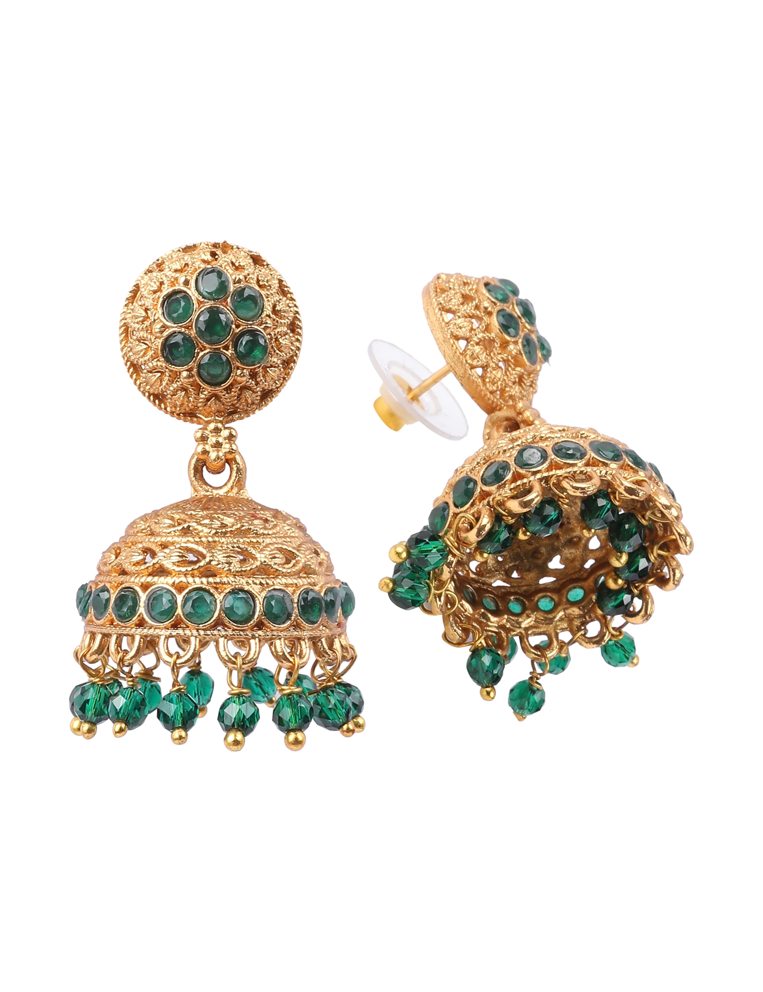 The Nila Gold Plated Dome Shaped Emerald Jhumkas