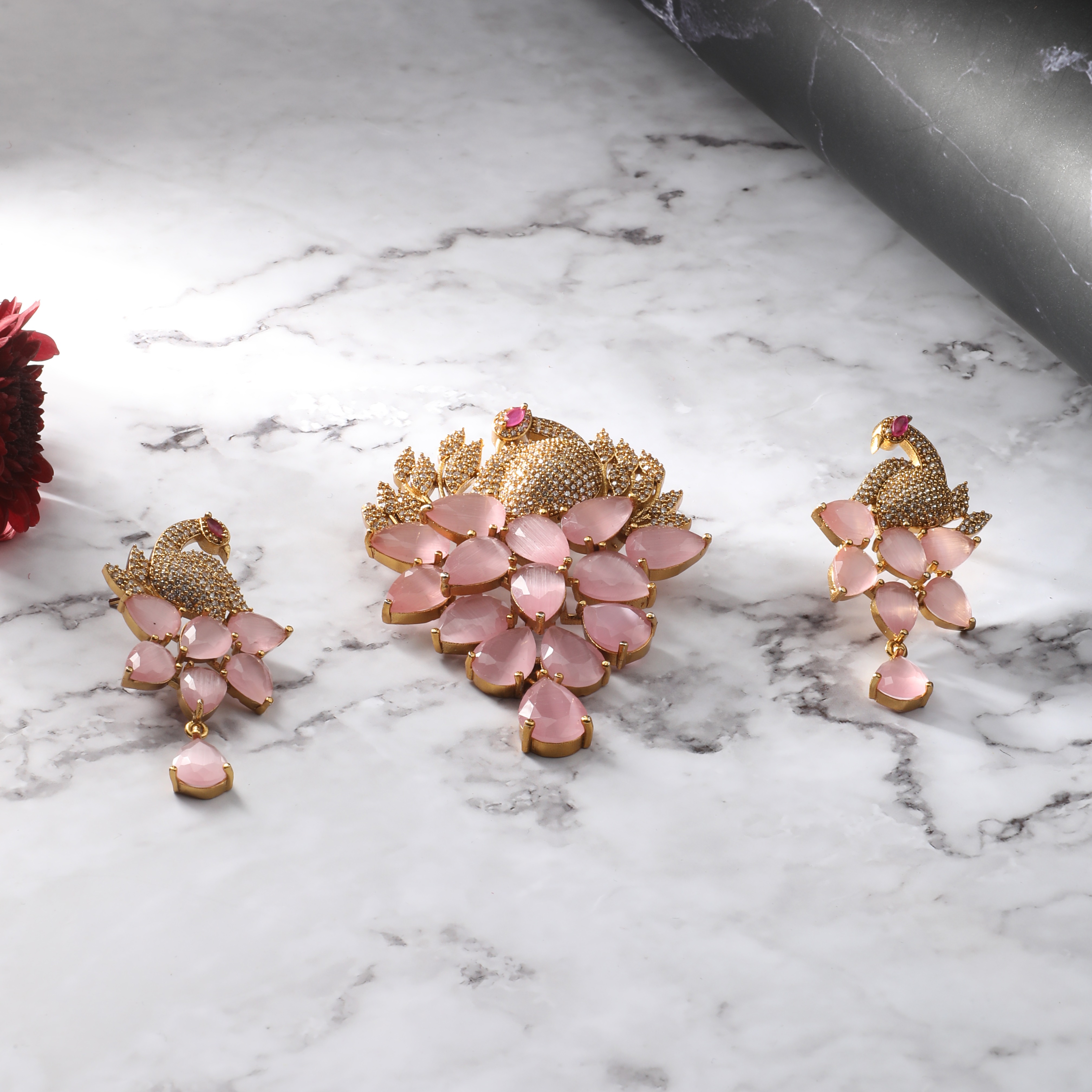 The Nila Pink Crystal Peacock Pendant with Earrings