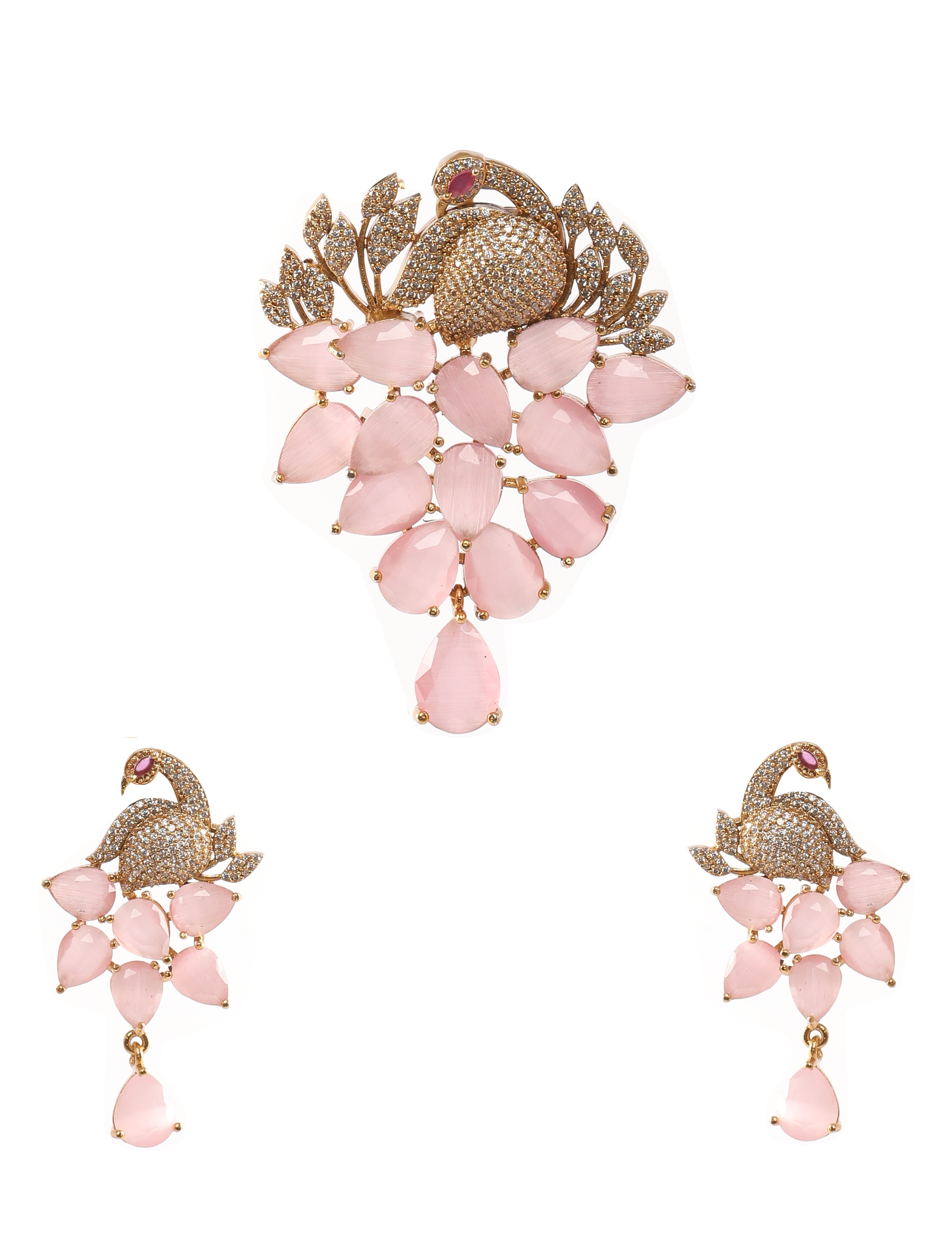 The Nila Pink Crystal Peacock Pendant with Earrings
