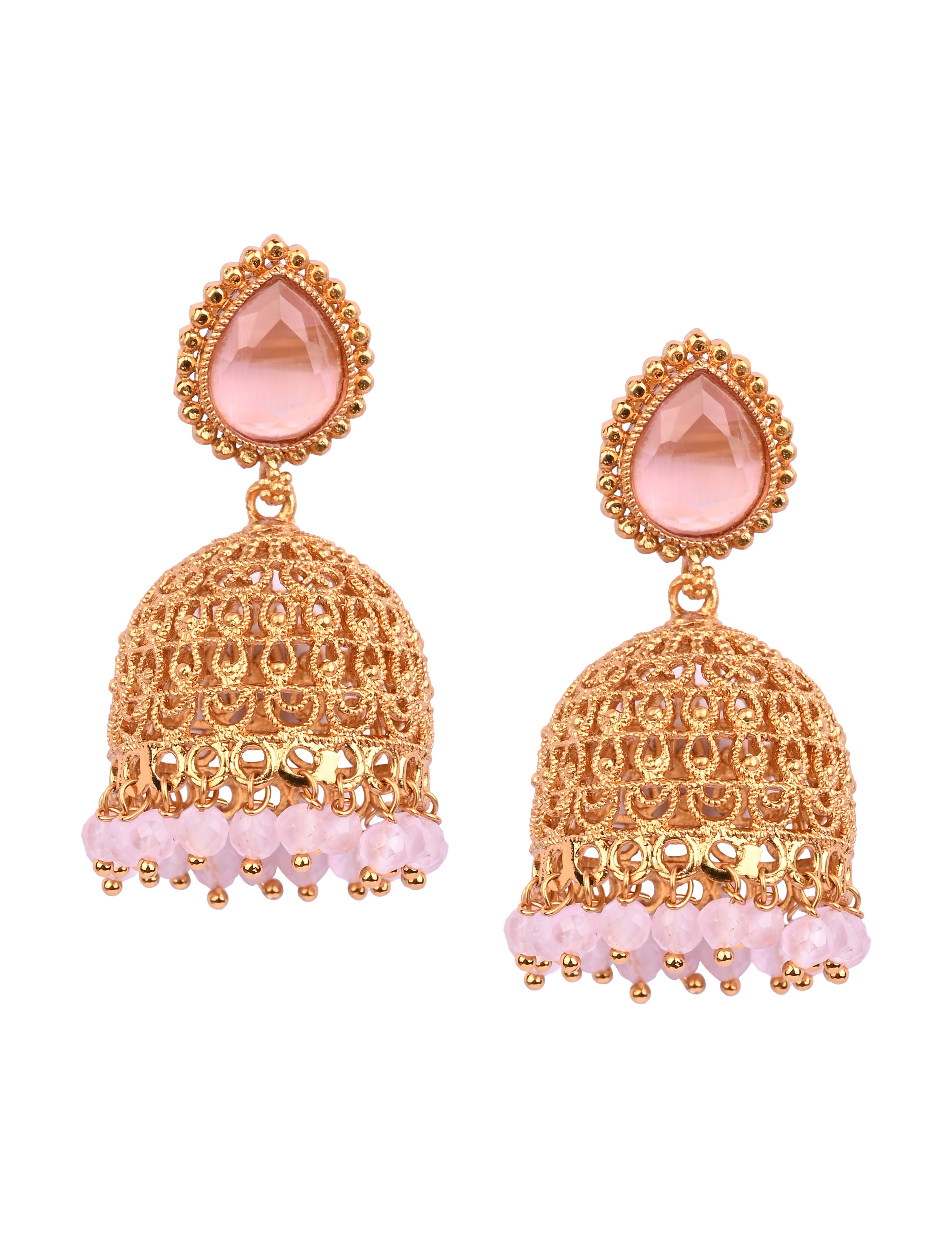 The Nila Gold Plated Pink and White Drop Jhumkas