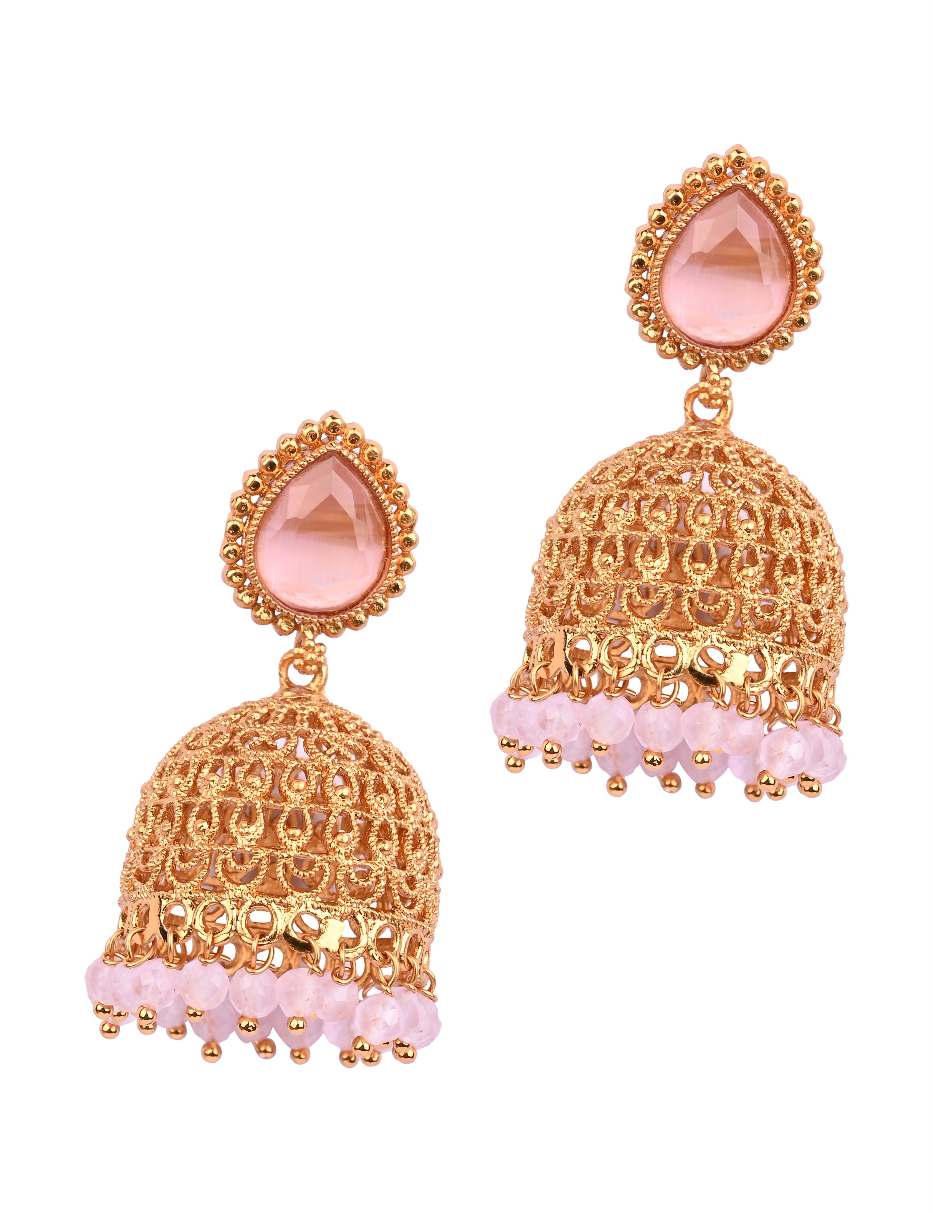 The Nila Gold Plated Pink and White Drop Jhumkas