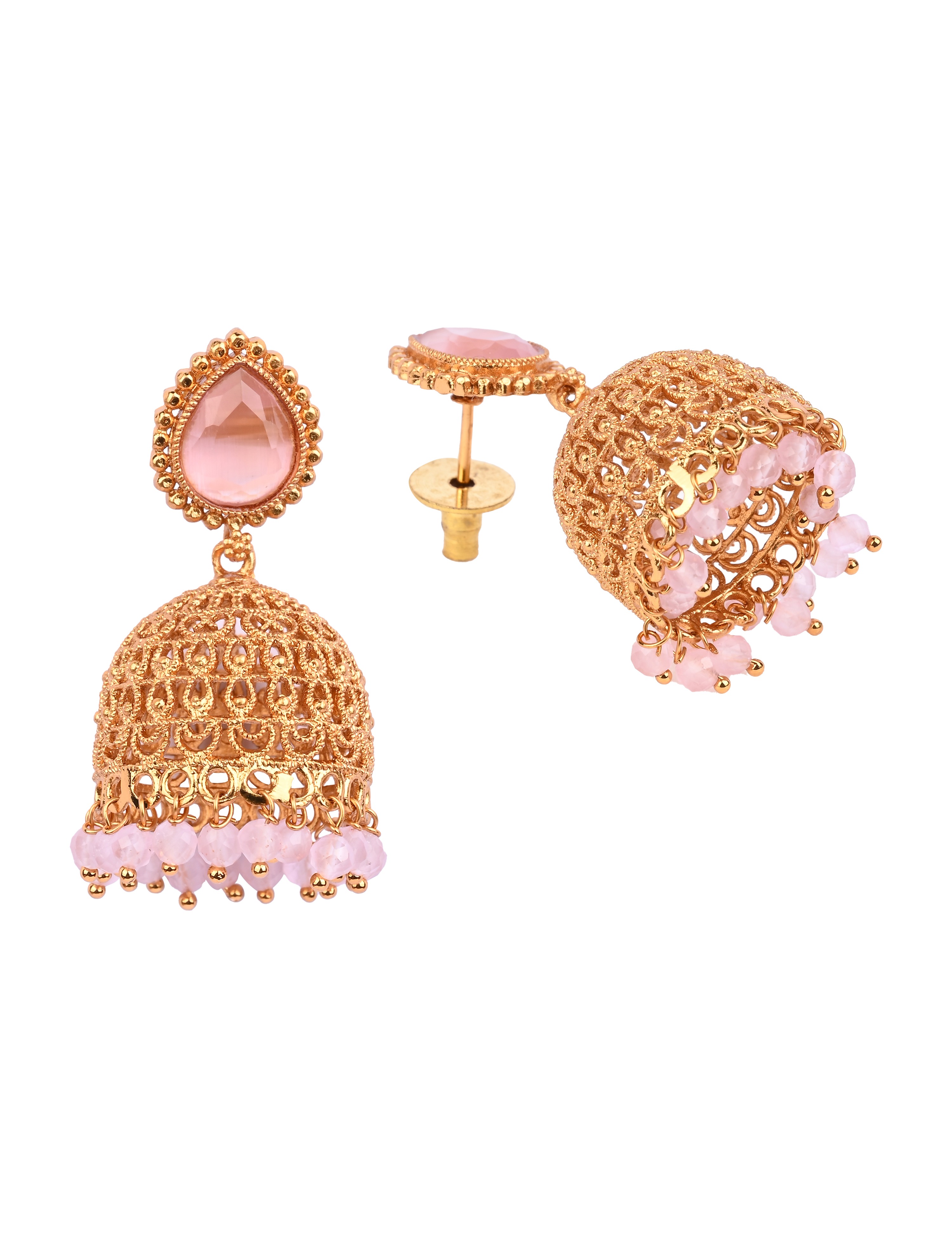 The Nila Gold Plated Pink and White Drop Jhumkas