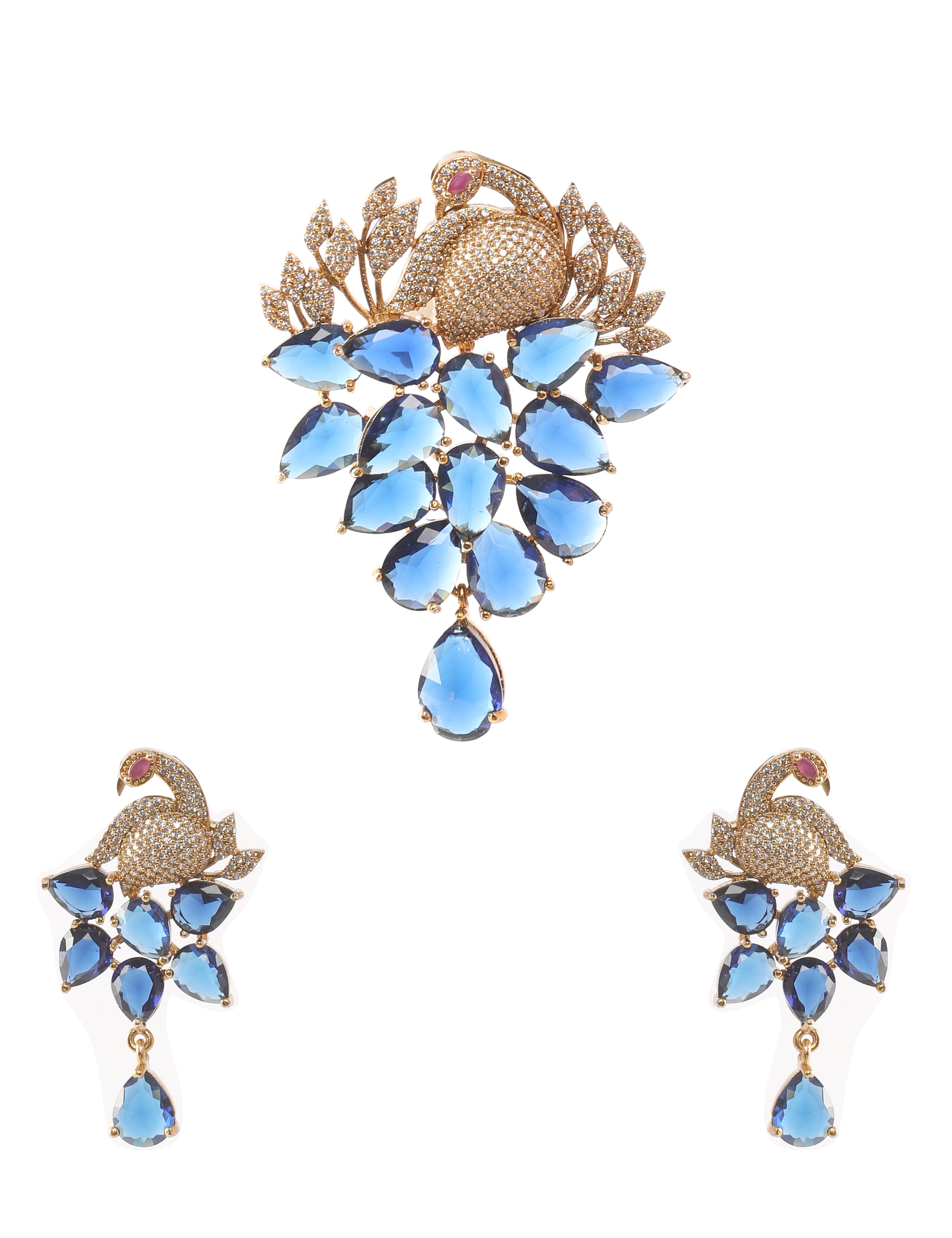 The Nila Blue Crystal Peacock Pendant with Earrings