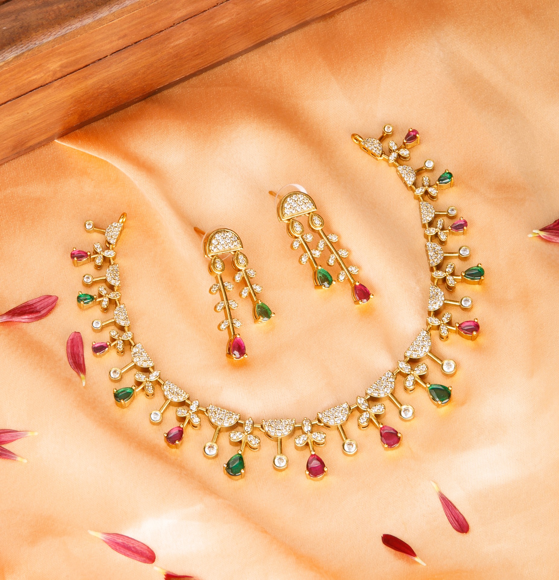 The Nila Gold Plated Ruby and Emerald Statement Necklace Set