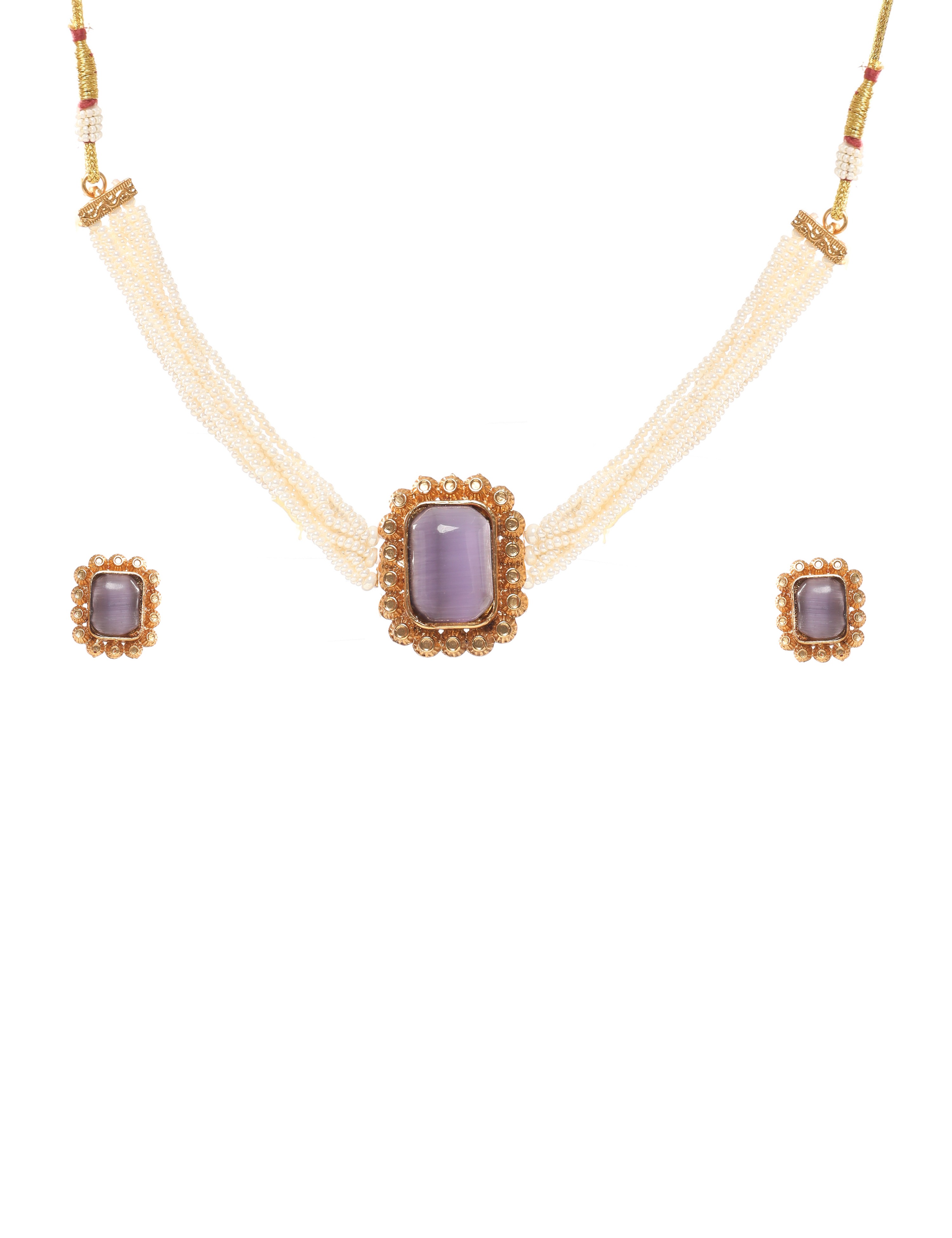 The Nila Gold Plated Pearl and Purple Stone Choker Set