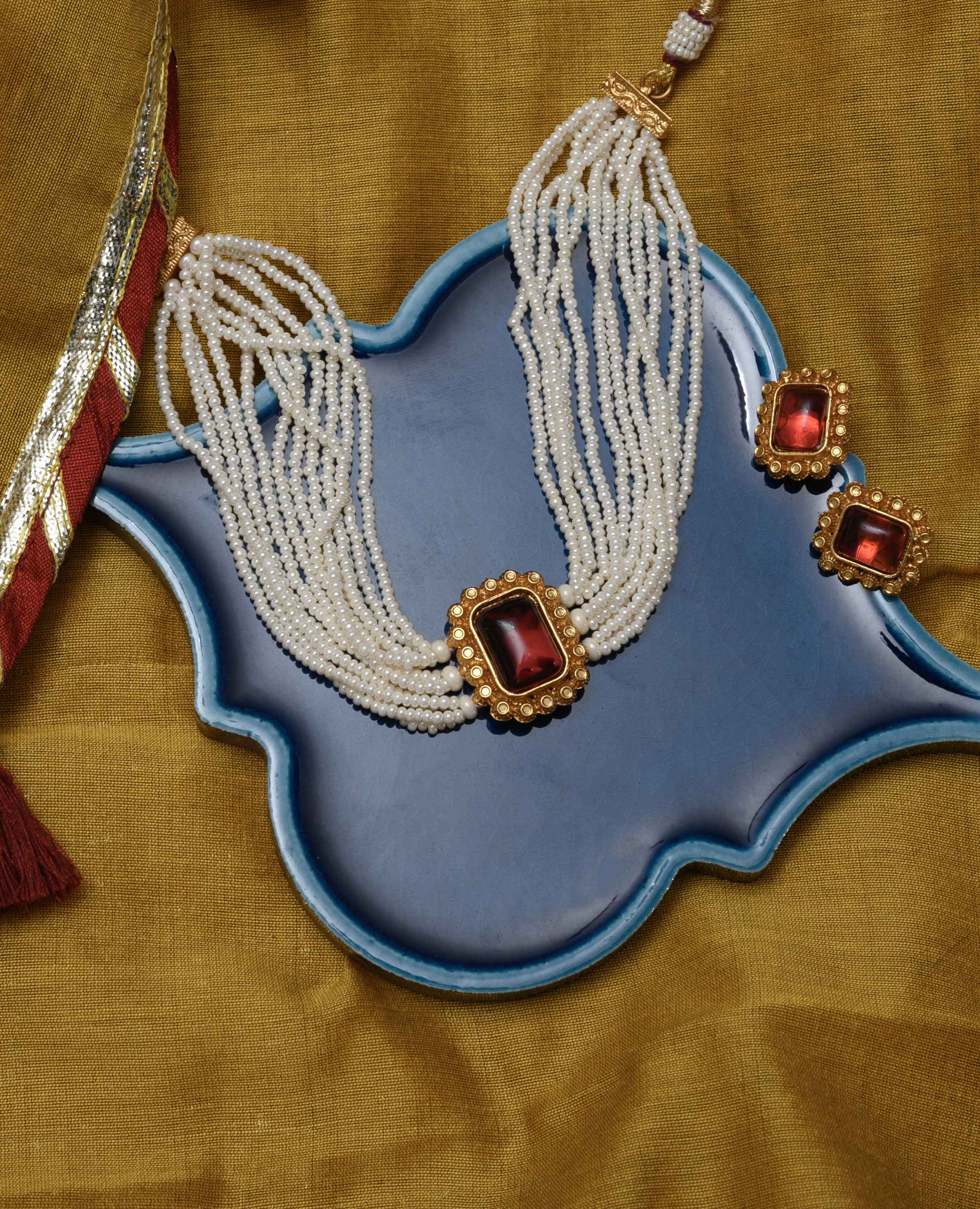 The Nila Gold Plated Pearl and Ruby Stone Choker Set