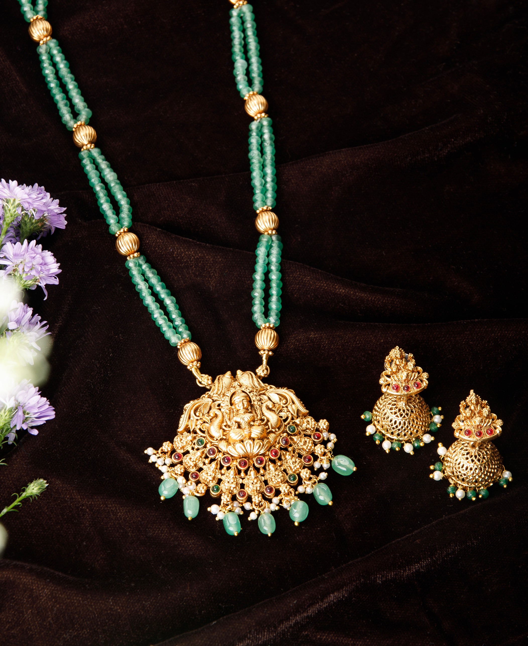 The Nila Gold Plated Temple design Necklace with Jhumkas