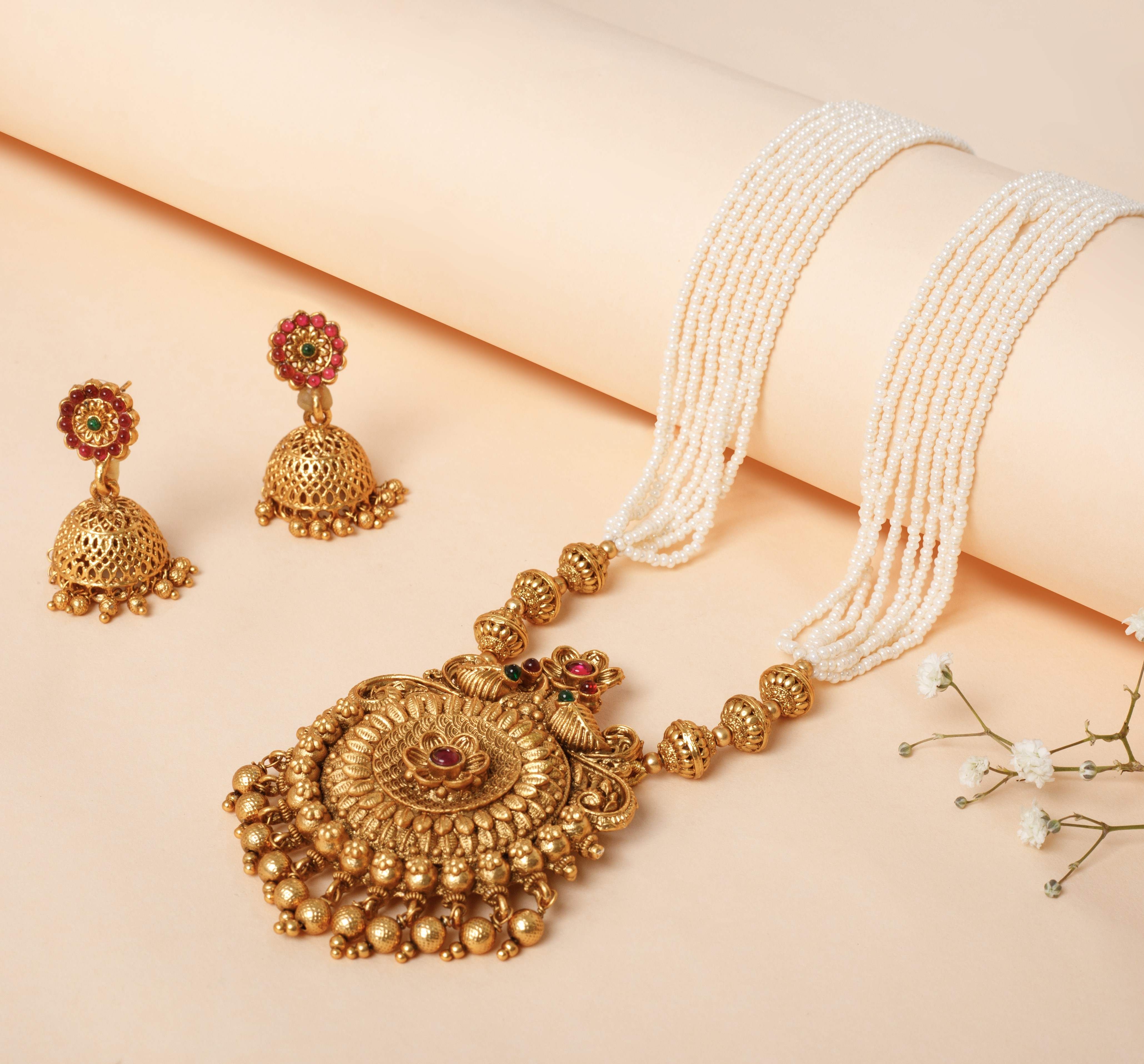 The Nila Gold Plated Antique Necklace With Jhumkas