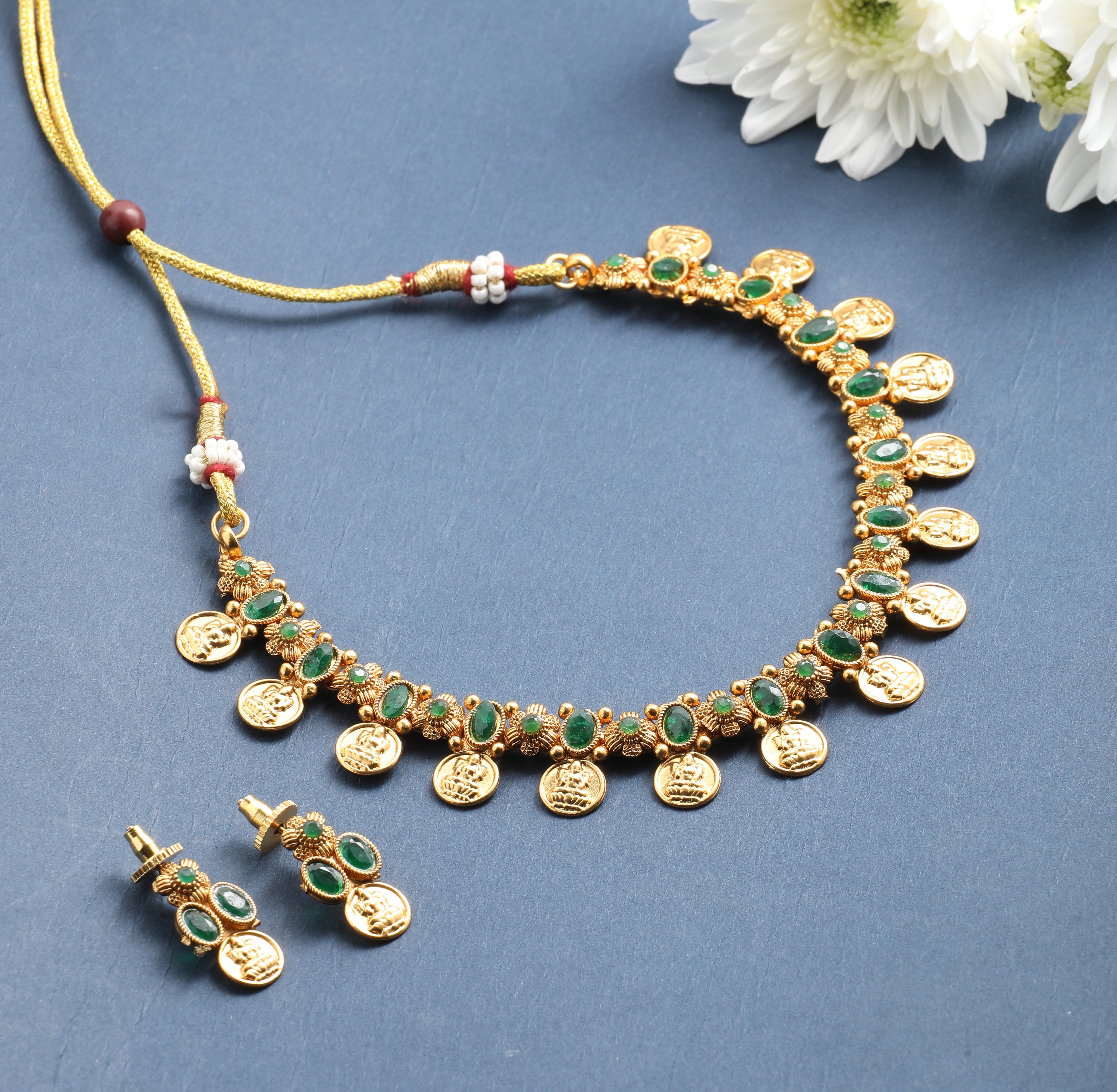 The Nila Gold Plated Emerald Coin Necklace set