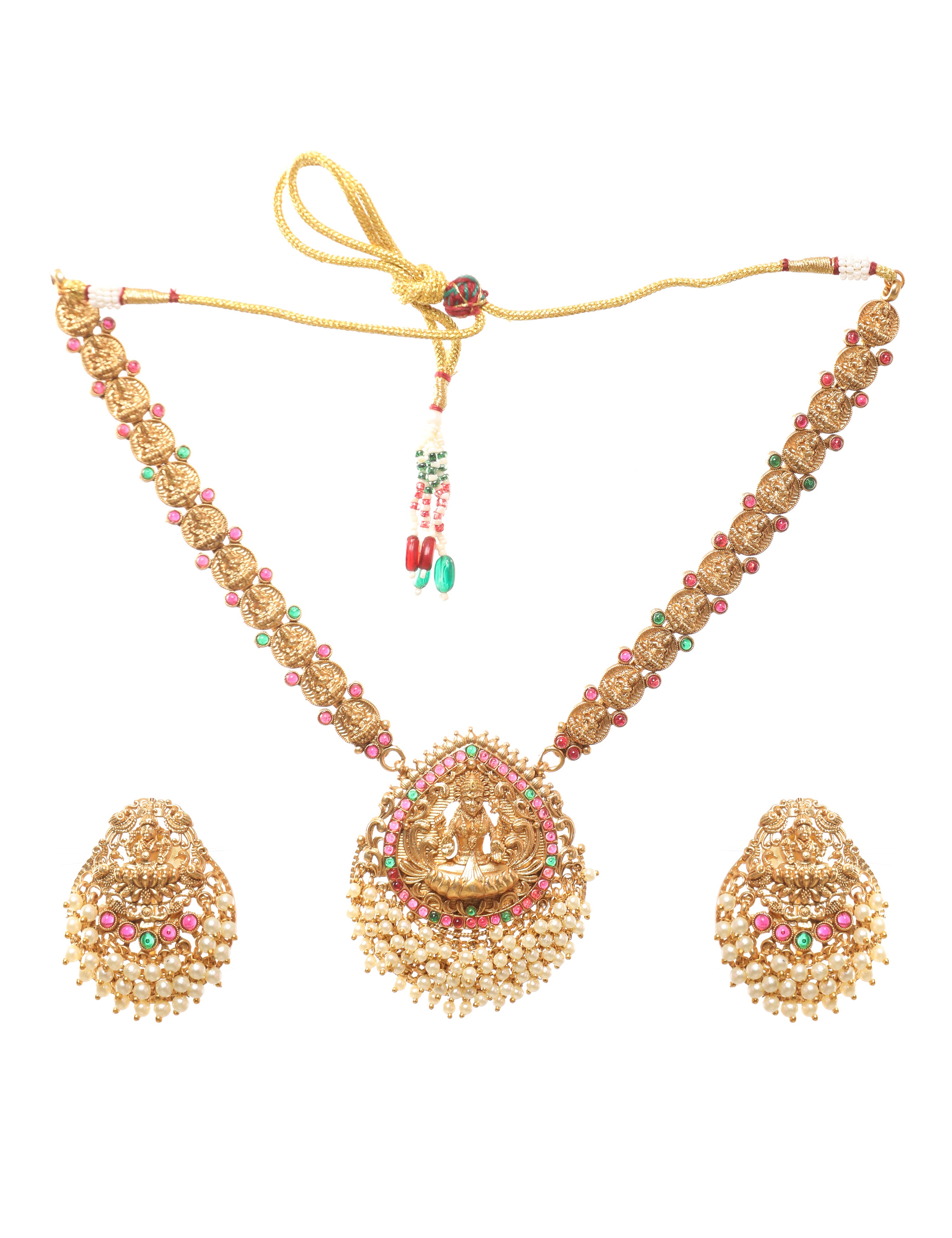 The Nila Gold Plated Lakshmi Pearl Necklace Set with Tops Earings