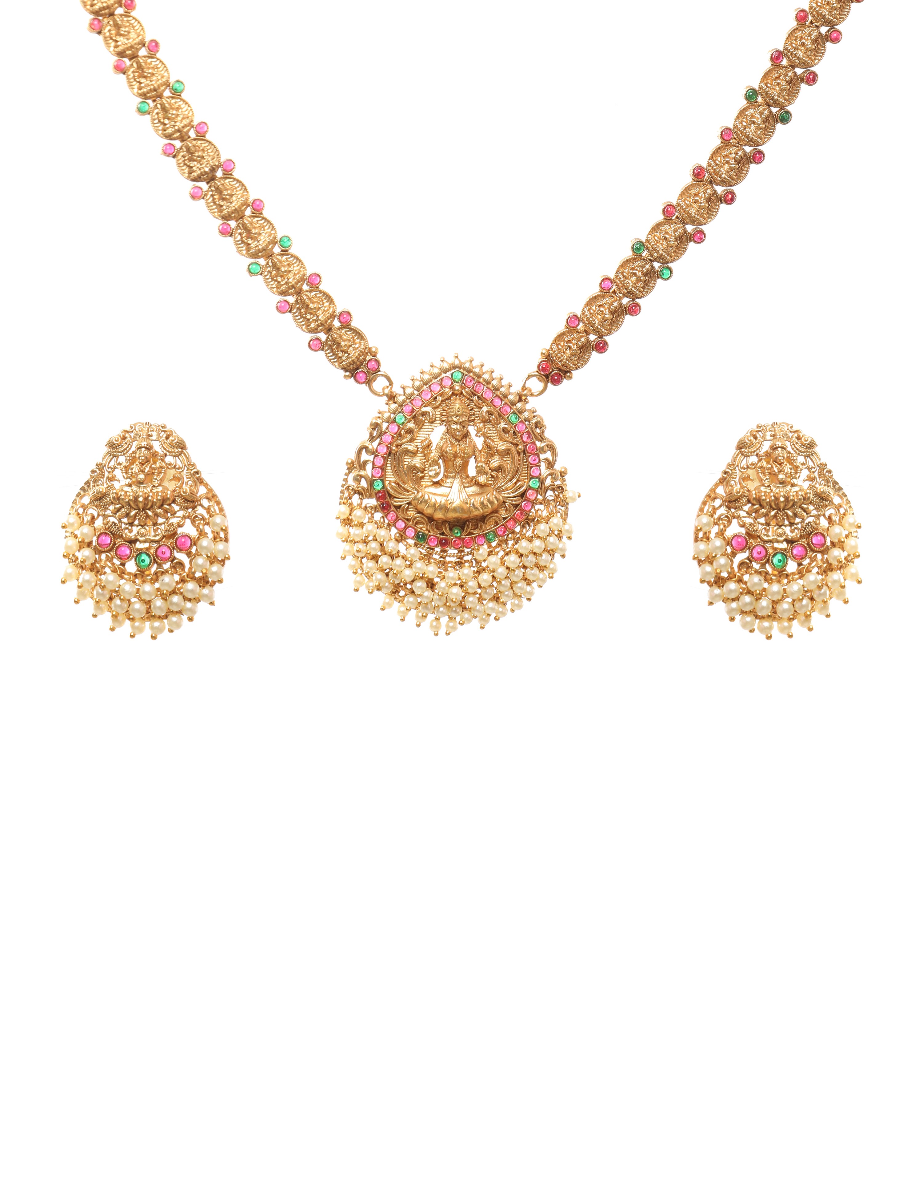 The Nila Gold Plated Lakshmi Pearl Necklace Set with Tops Earings