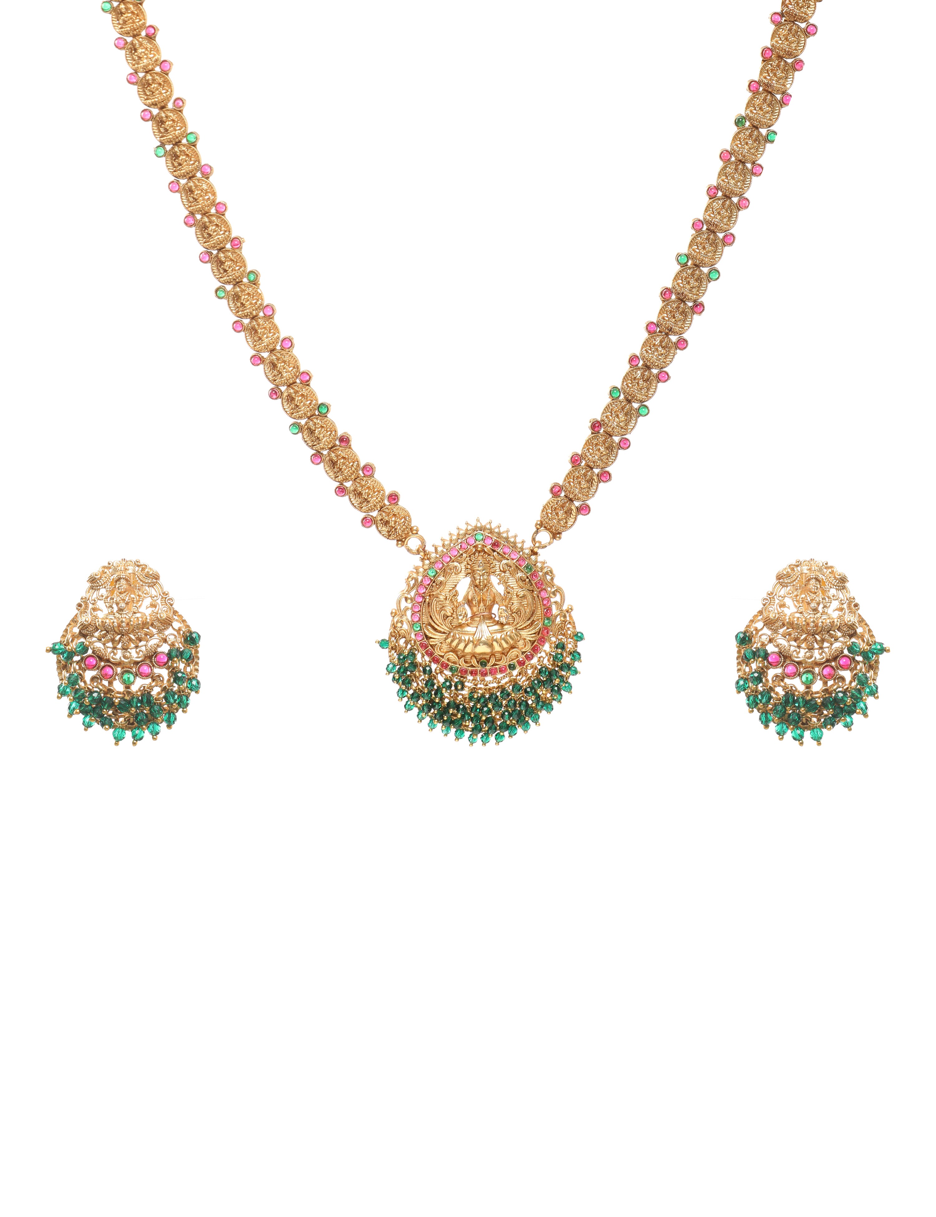 The Nila Gold Plated Lakshmi Emerald Bead Necklace Set with Tops Earings