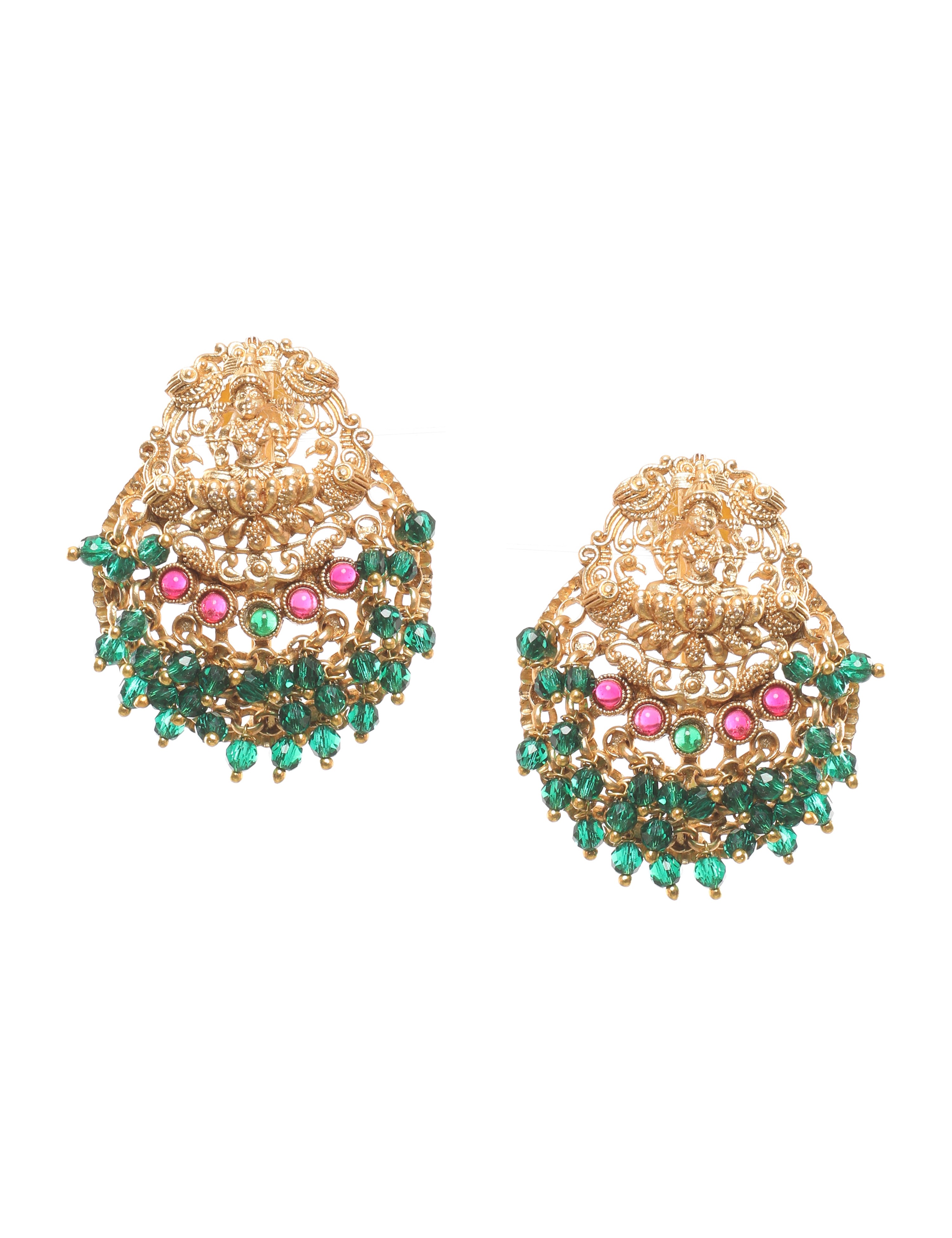 The Nila Gold Plated Lakshmi Emerald Bead Necklace Set with Tops Earings