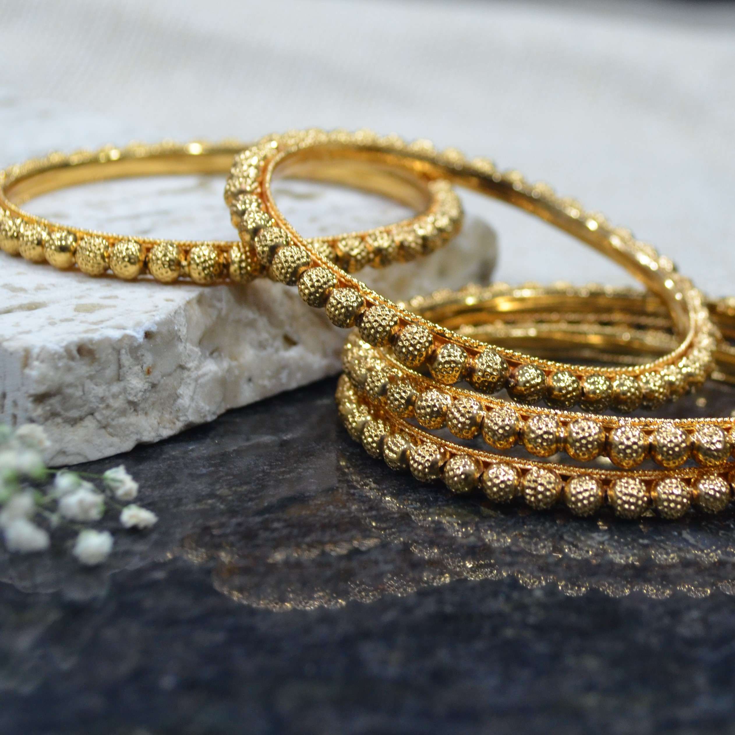 The Nila Gold Plated Beaded Temple Design Bangle Set