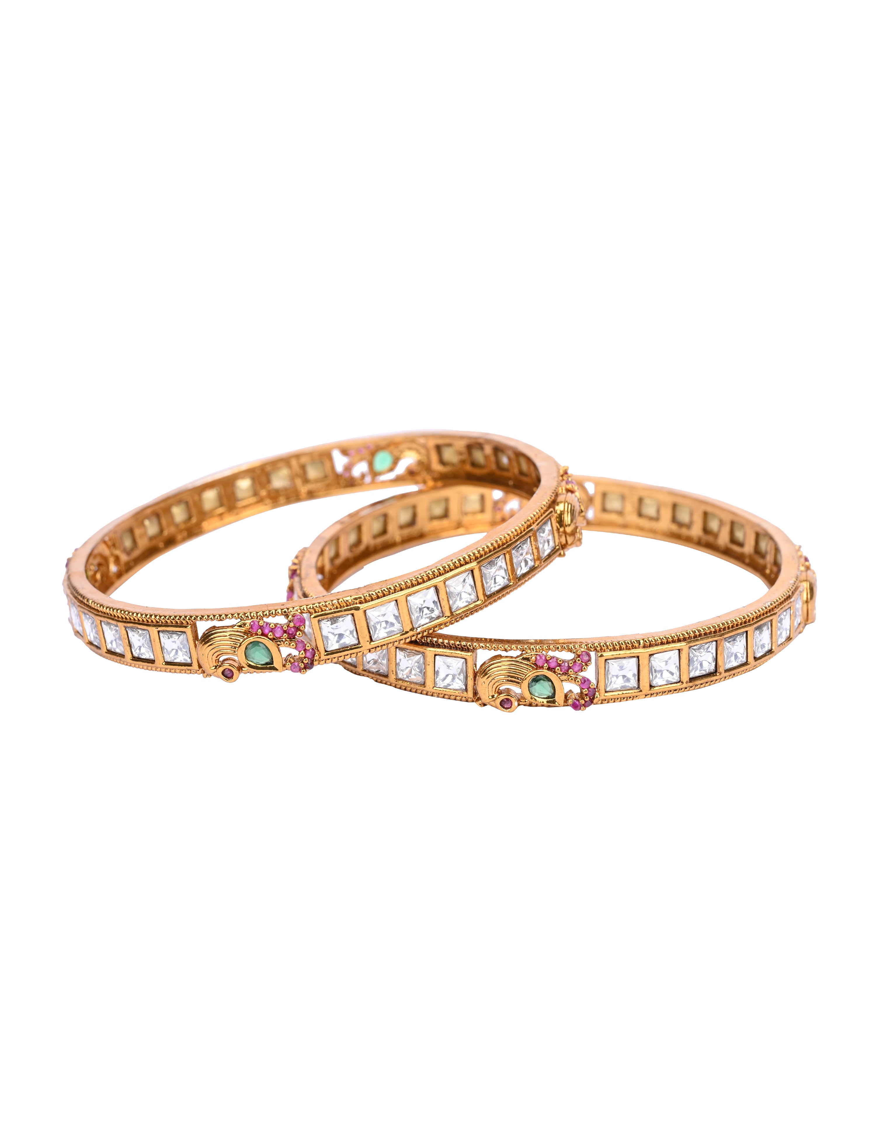 The Nila Gold Plated Peacock design white Stone Bangles