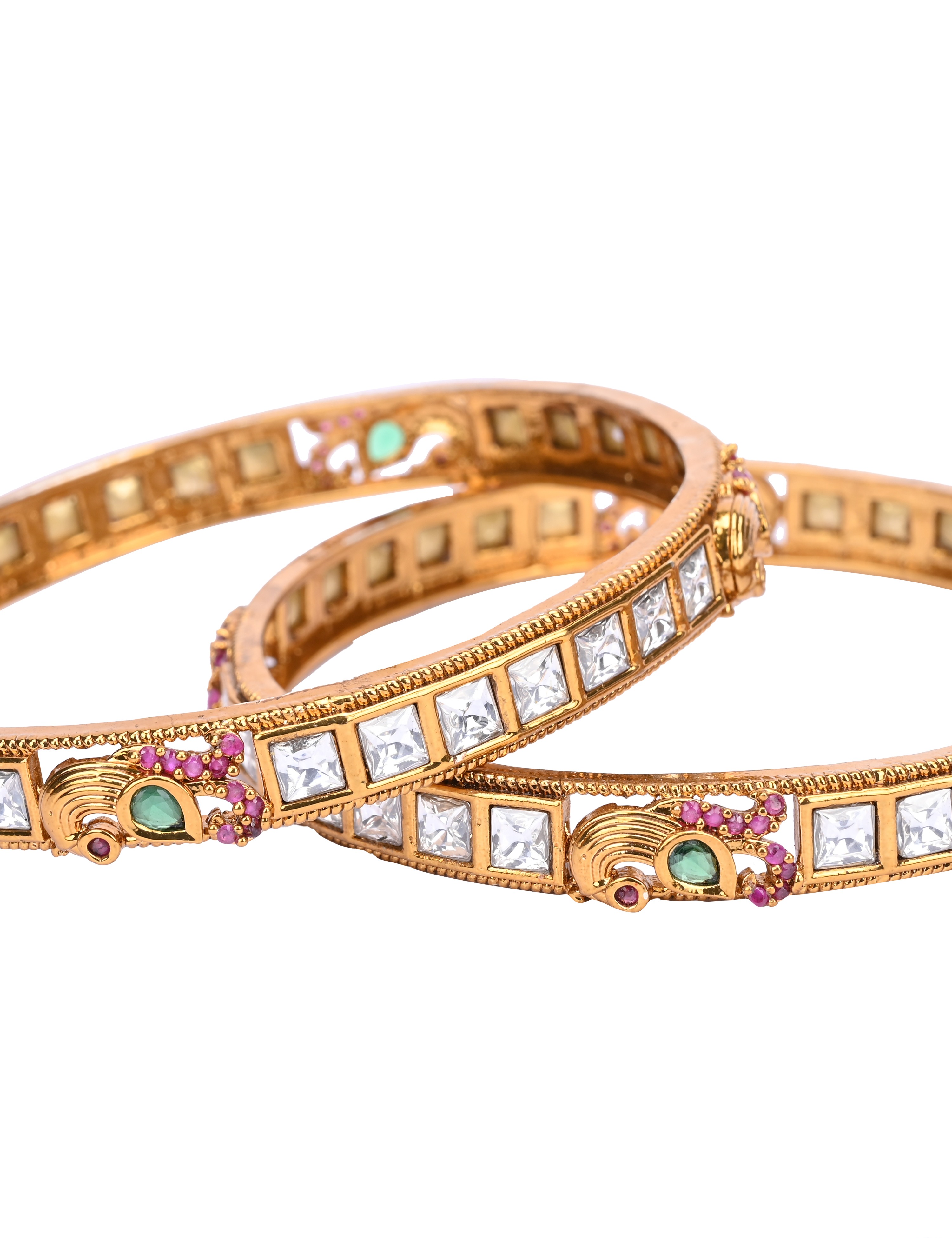 The Nila Gold Plated Peacock design white Stone Bangles