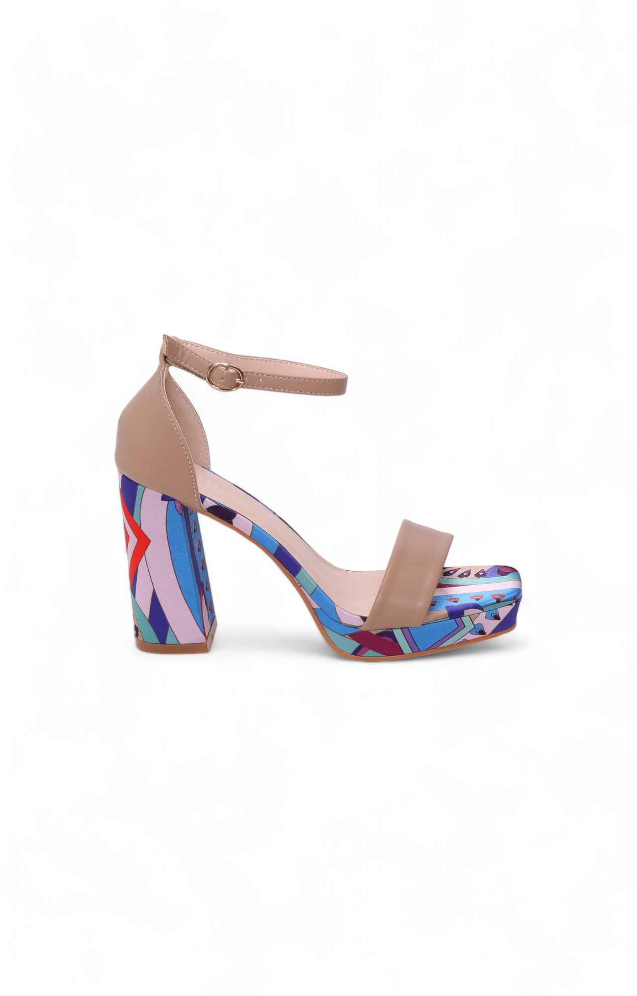 Women Beige Printed Sandal with Fashion Heel