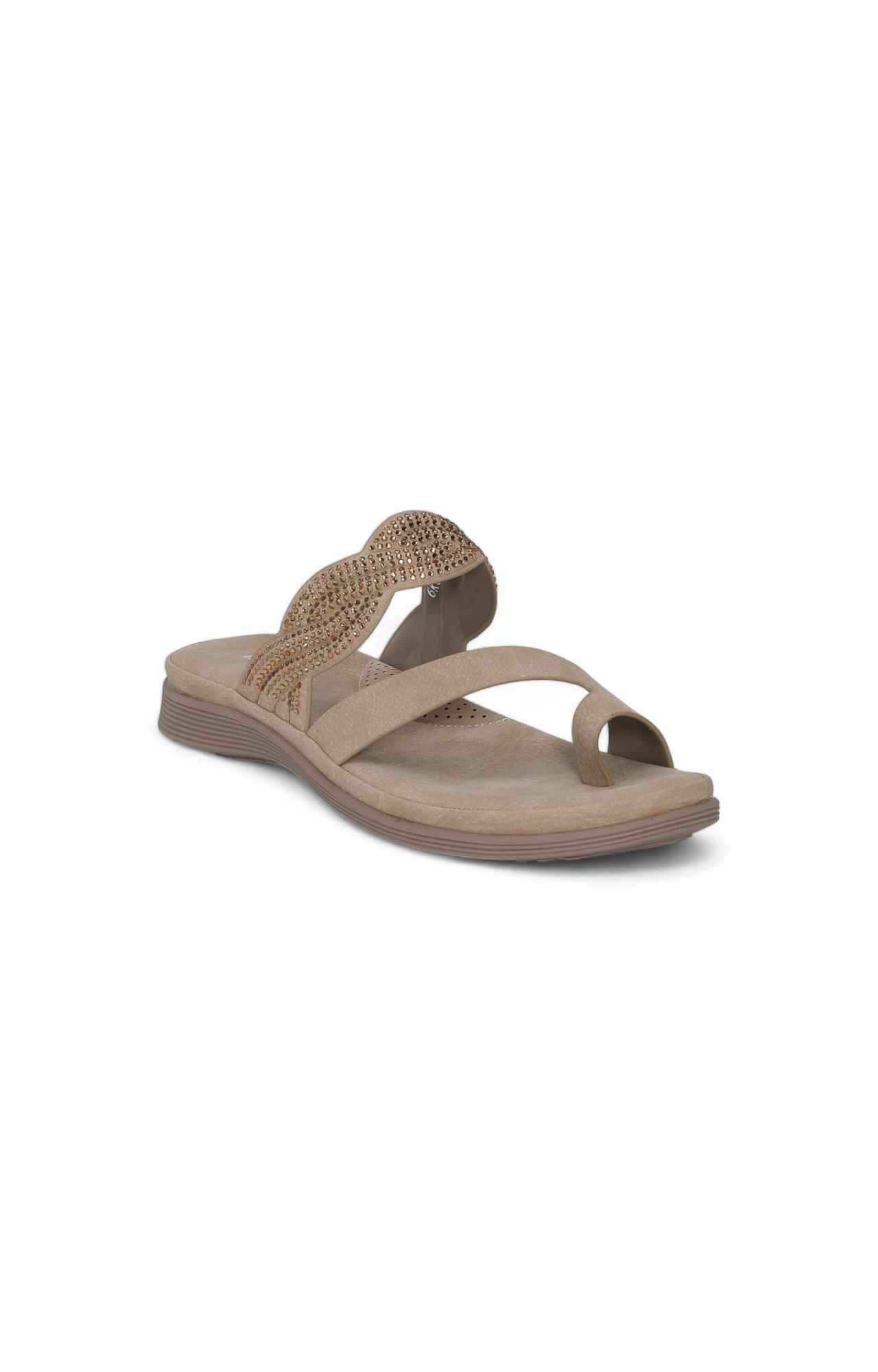 Women Khaki Toe Ring Sandals with Candy Stones
