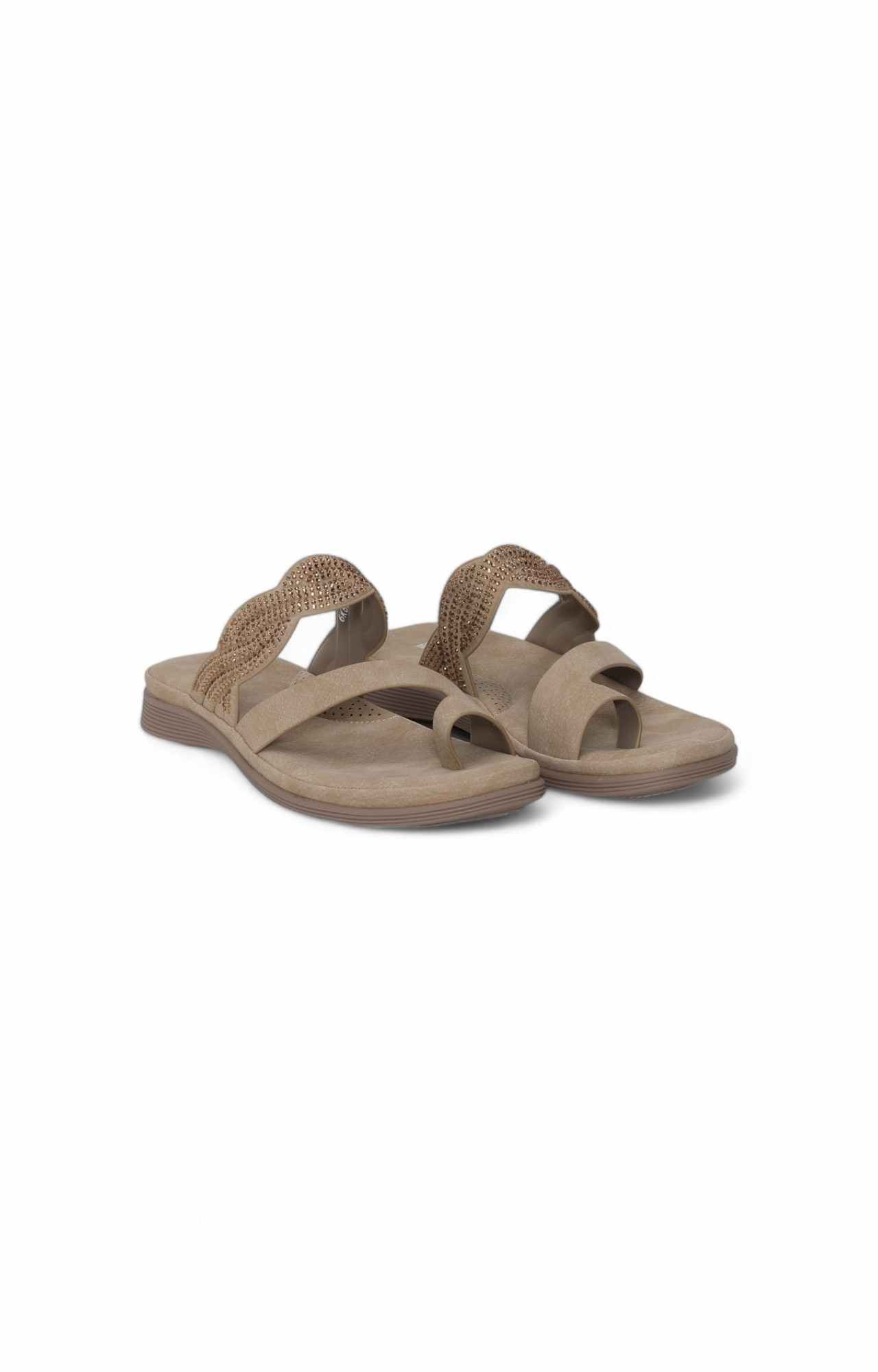 Women Khaki Toe Ring Sandals with Candy Stones
