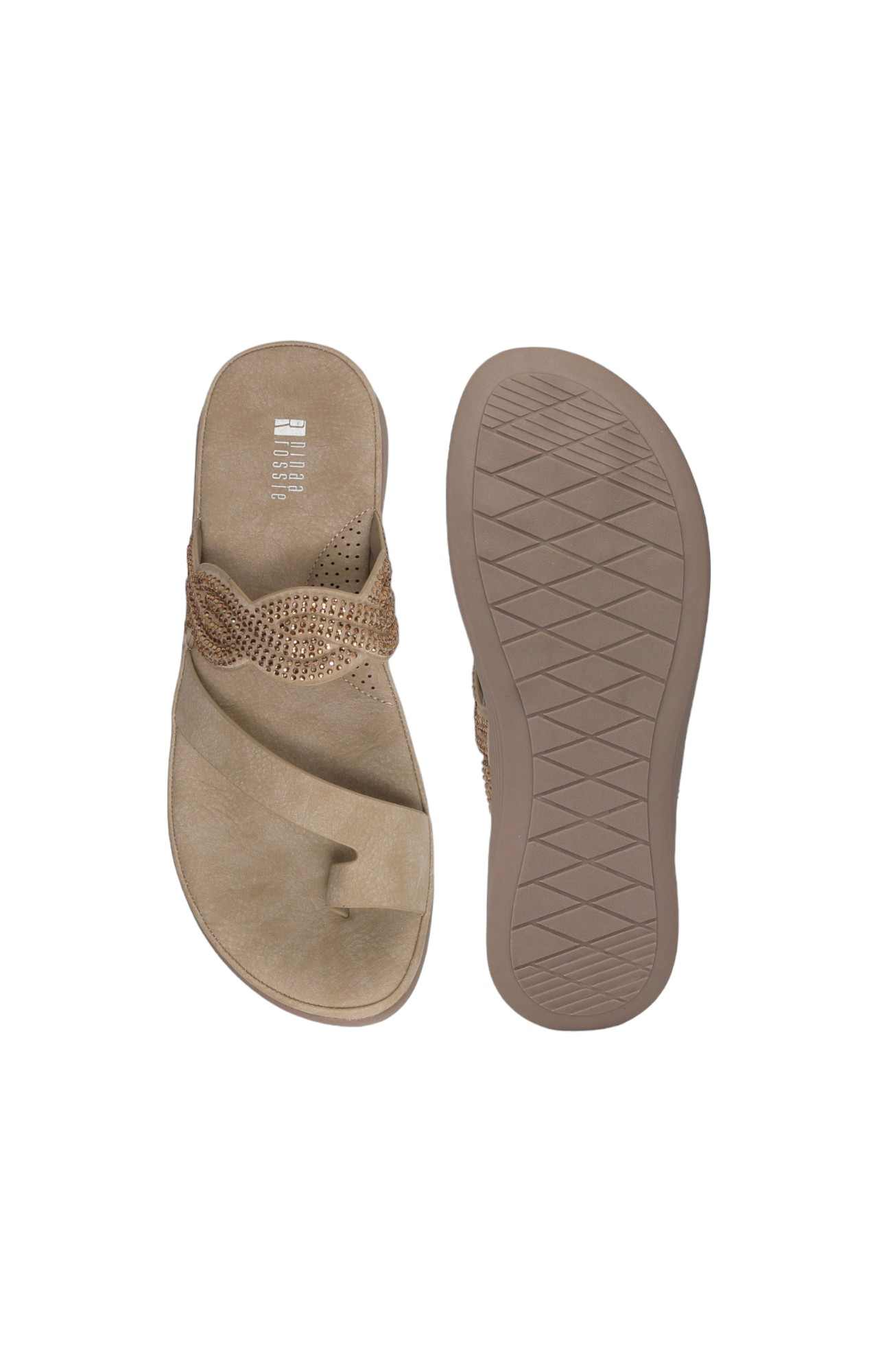 Women Khaki Toe Ring Sandals with Candy Stones