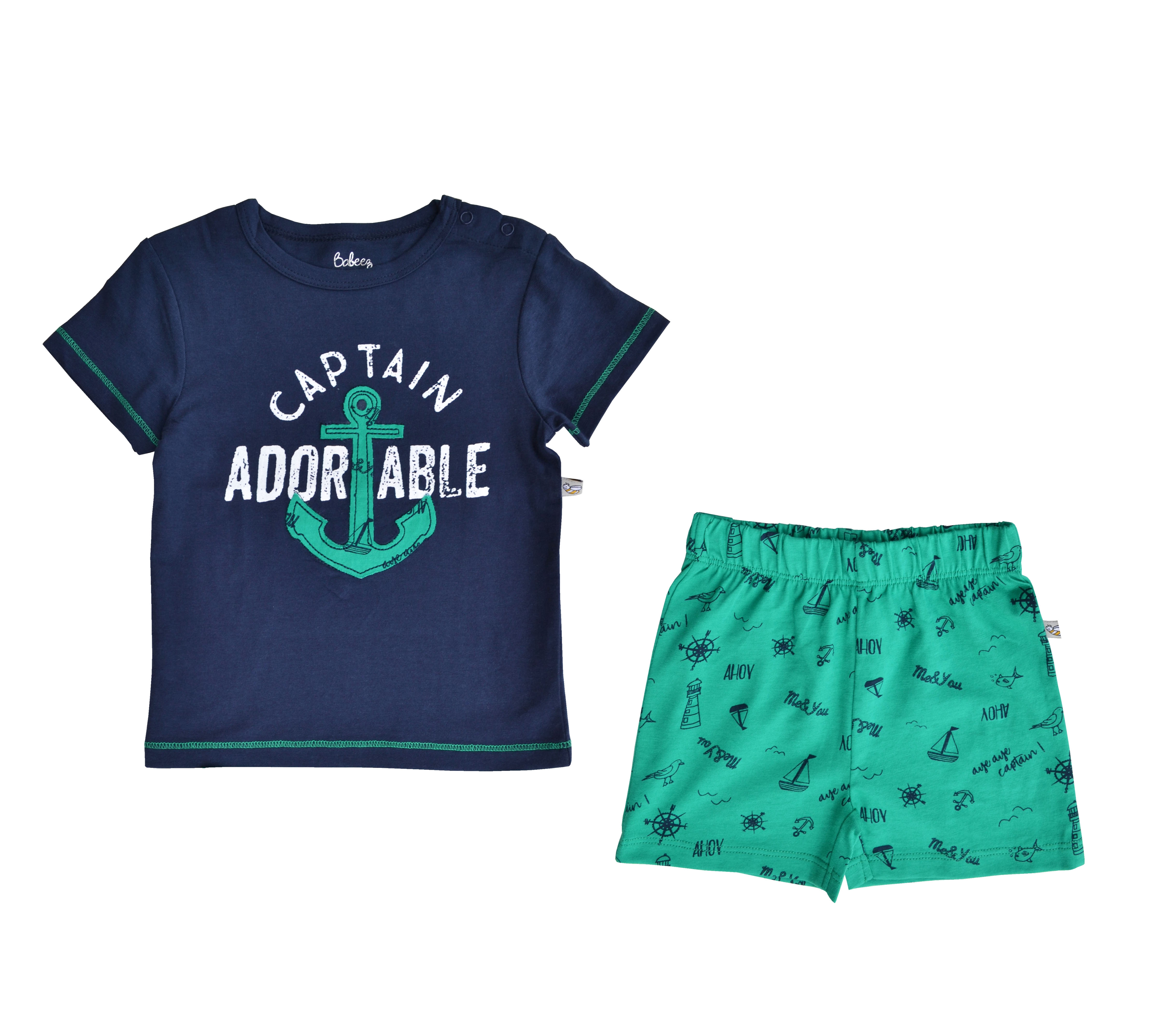 Babeez | Anchor Print Navy T-Shirt + Allover Print Green Shorty Set (100% Cotton Single Jersey) undefined