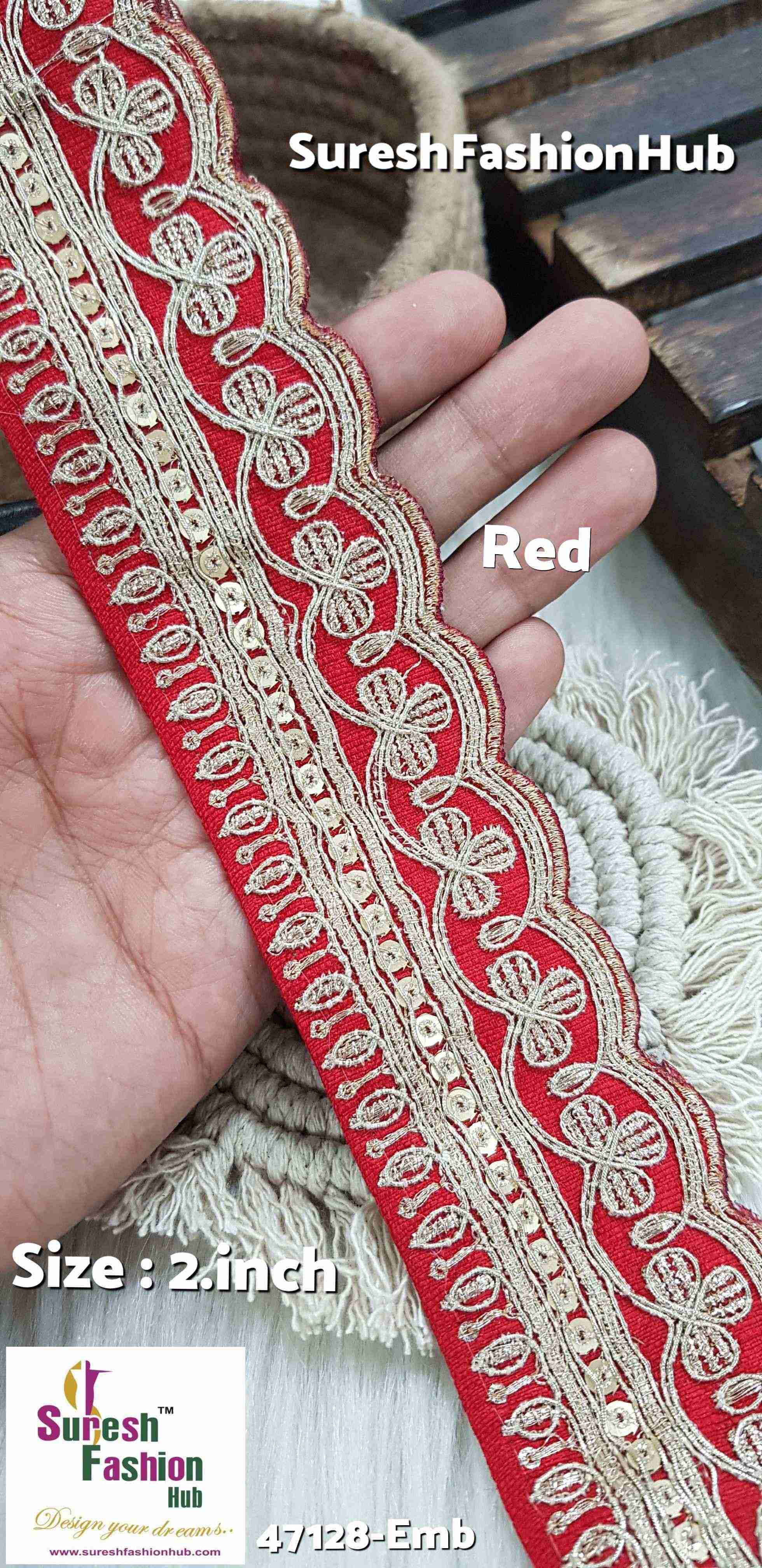 Scalloped Red Embroidered Net Lace on Fabric Cloth