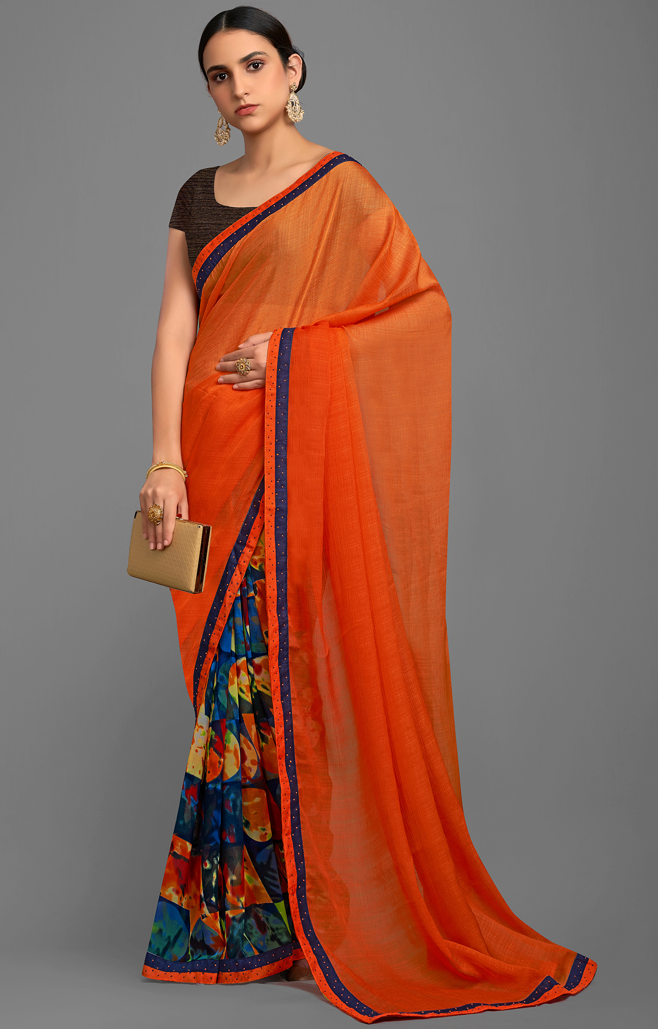 Women's Orange and Blue Georgette Chiffon Blend Solid Printed Half N Half Saree-SHAMA6668SSSR004